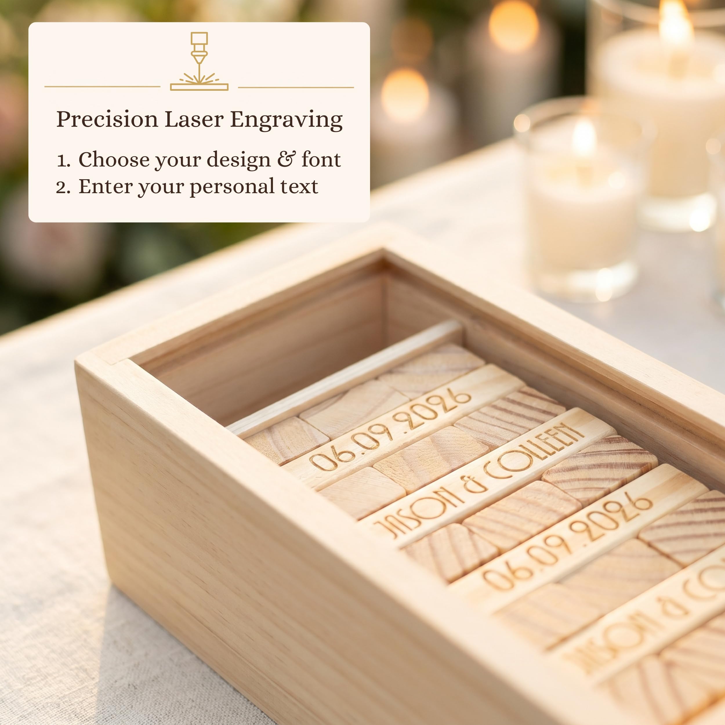 WE Games Libro de invitados de boda personalizado, caja de recuerdos de madera, 54 bloques, grabado personalizado