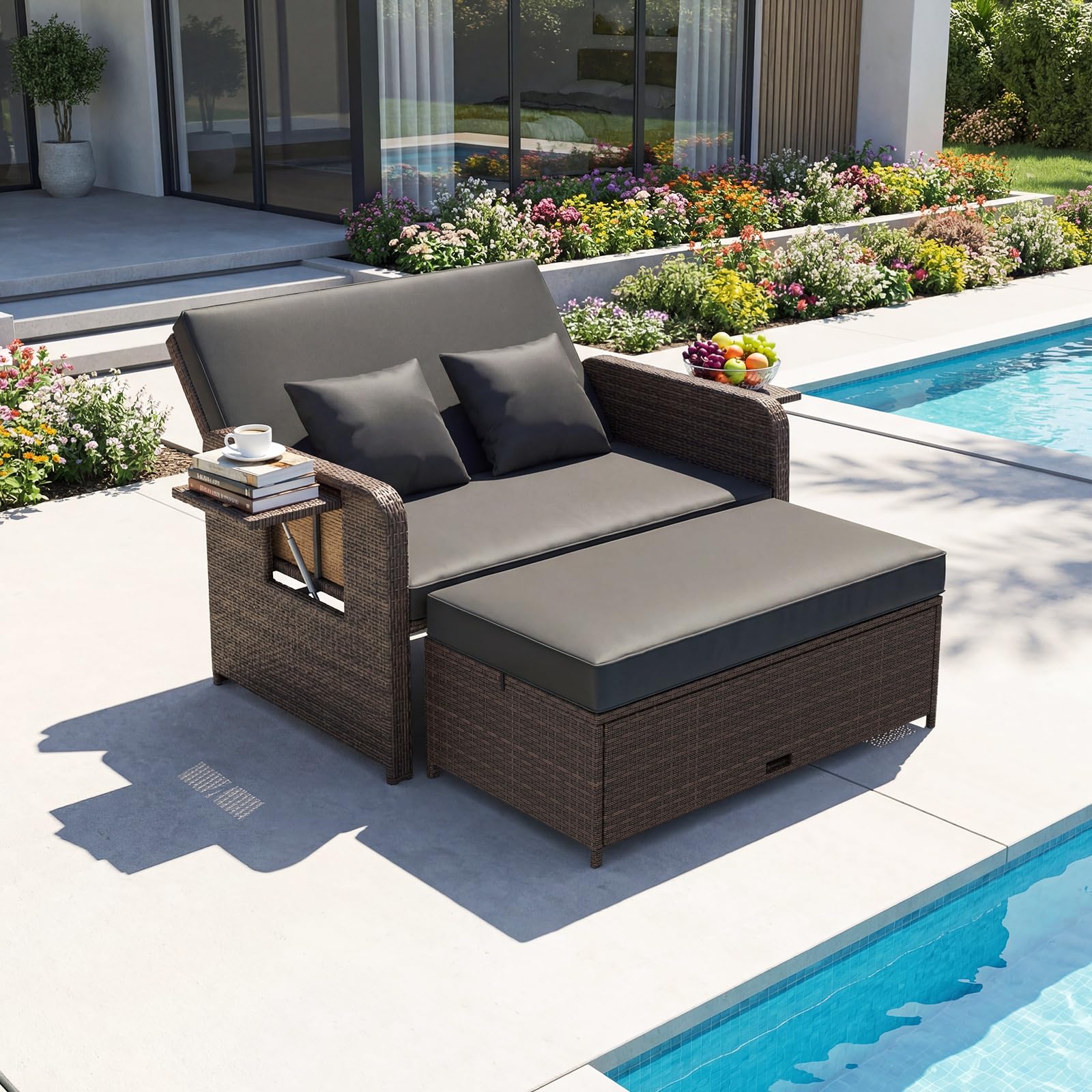 GIANTEX Sofá de Jardín 2 Plazas con Taburete Reposapiés, Muebles Ratán 2 Piezas con Cojines, Mesas Plegables, Respaldo Ajustable en 4 Niveles, Sofá Cama Exterior para Patio Terraza (Marrón+Negro) | Tres en un diseño