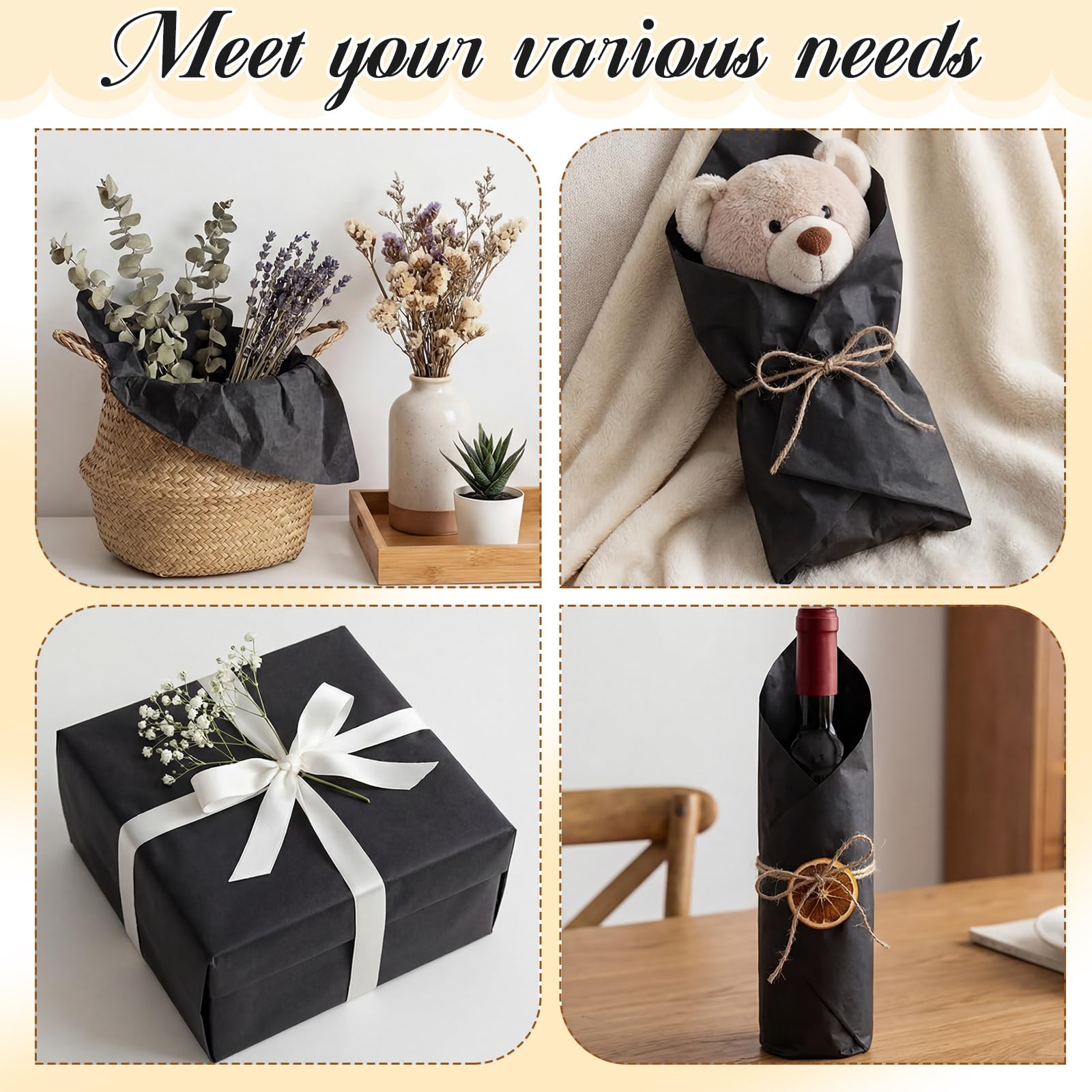 Qilery 500 fogli di carta velina nera per sacchetti regalo, 50 x 76 cm, senza acidi, per decorazioni di nozze, artigianato fai da te, imballaggi per traslochi, feste di nozze