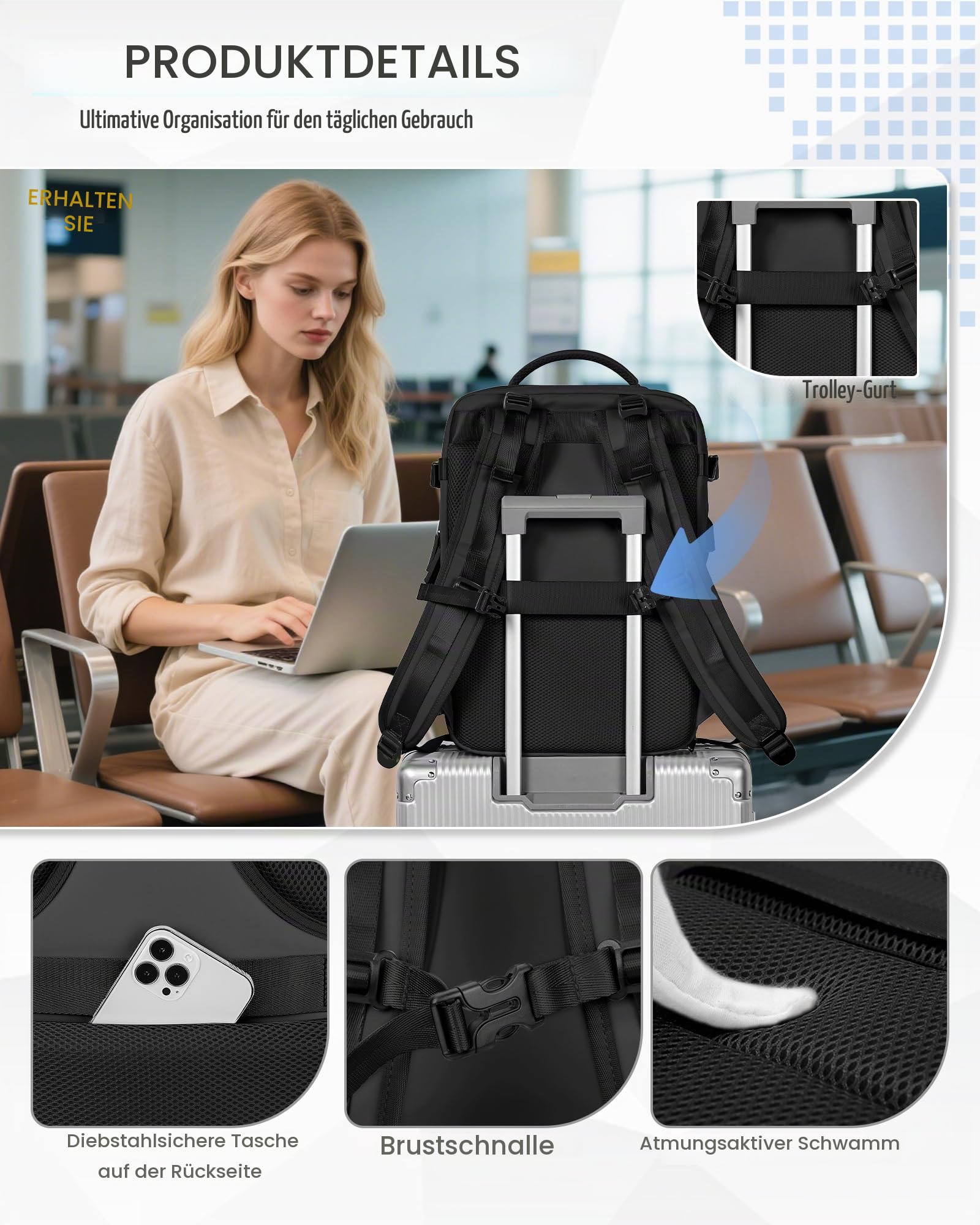 Vakuum Rucksack Ryanair Handgepäck 40x30x20 Reiserucksack Wasserdichter Unter Dem Sitz Handgepäck Rucksack Flugzeuge Reisetasche Weekendertasche Wanderrucksack Lässiger Tagesrucksack,M1-schwarz