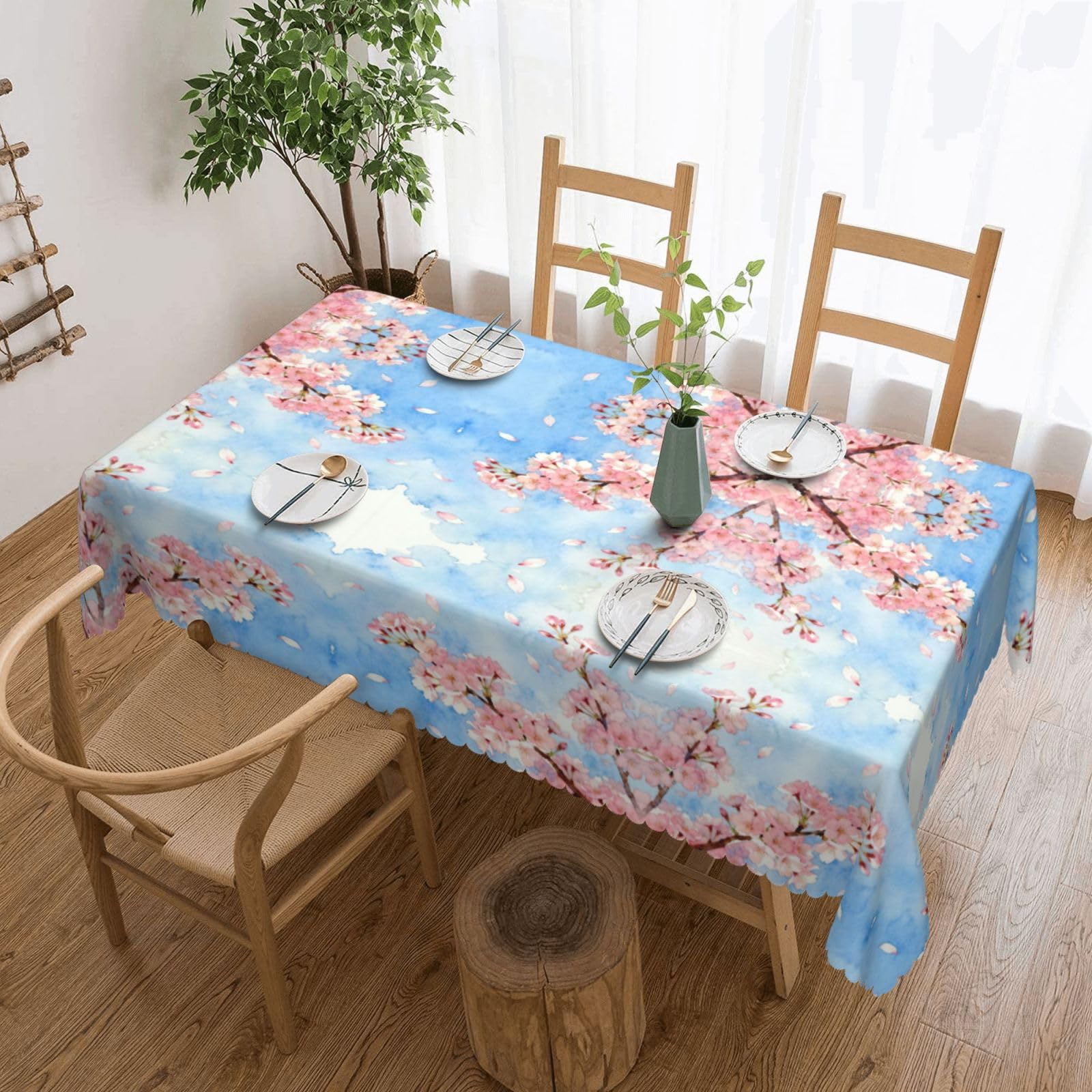 CNTDBU Spring Cherry Bloom Scalloped Edge Tablecloth 54x72-Waterproof Stain Resistant Wrinkle Free Cover, Square Table Cloth for Dining Party