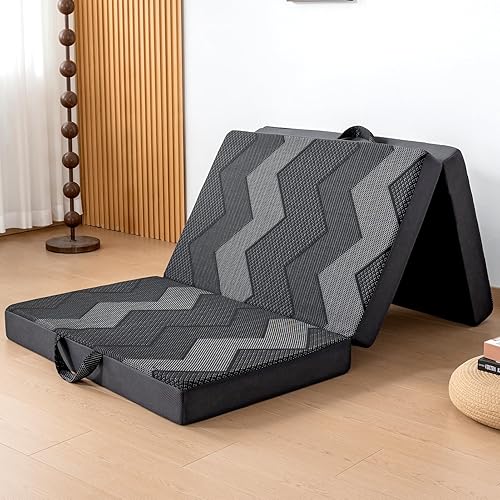 INGEROOM Colchón triple individual  Colchón plegable de espuma viscoelástica de 4 pulgadas para campamento, con asa portátil, sofá cama plegable