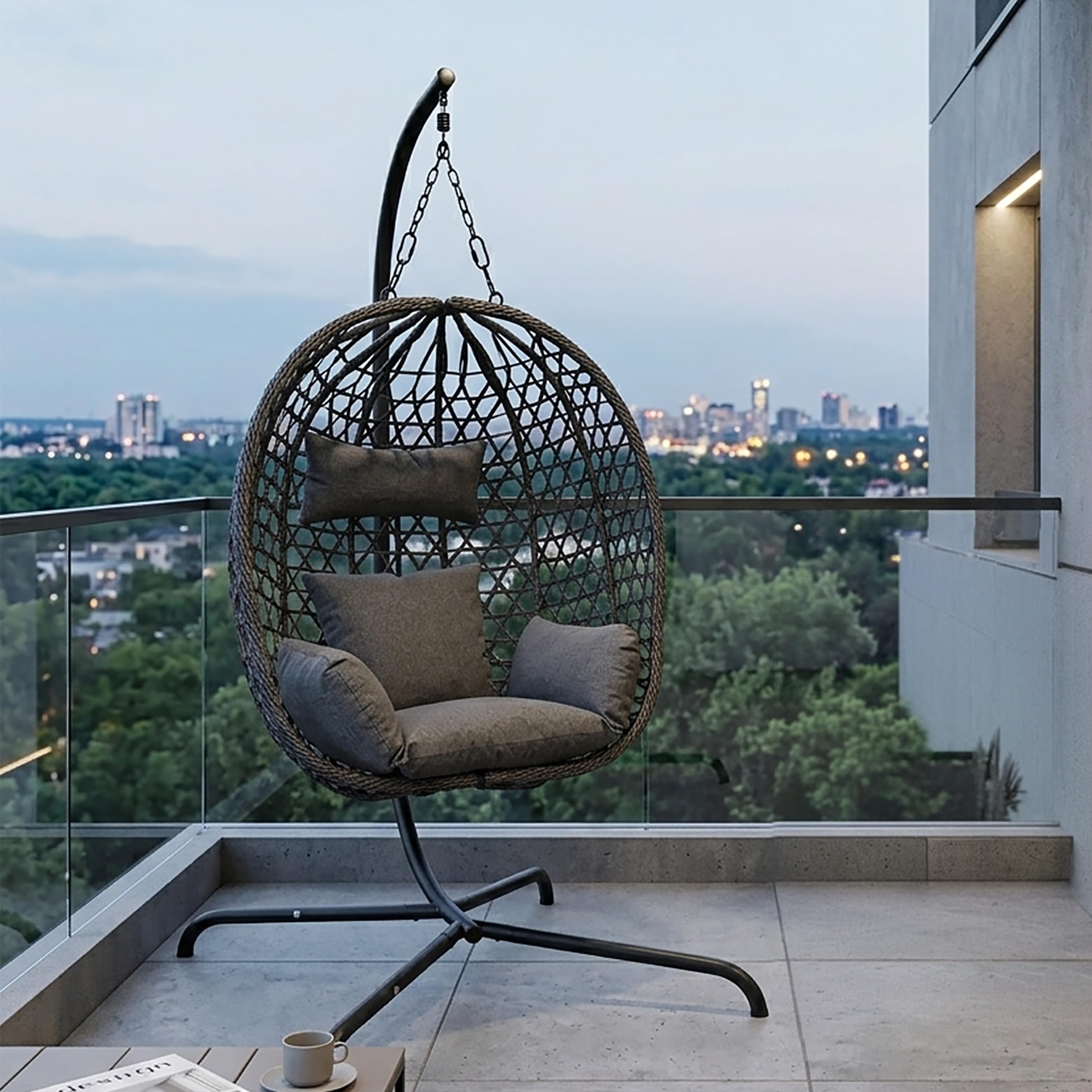 Poltrona sospesa per esterni, con telaio e supporto, 194 cm, antracite, in polyrattan, con cuscino per interni ed esterni, da giardino, in vimini, imbottita, resistente alle intemperie