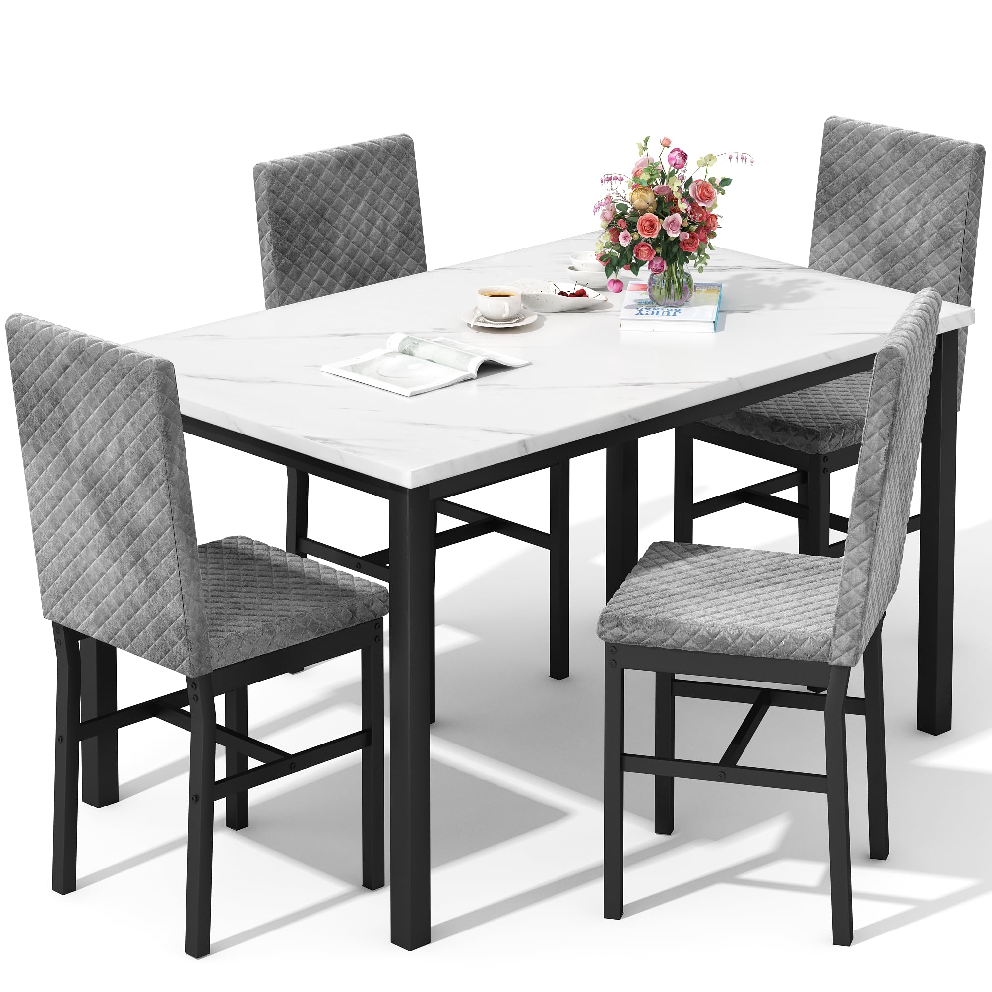 DKLGG Dining Table Set for 4 Kitchen Table and Chairs Set of 4 Faux Marble Kitchen and Dining with Velvet Upholstered Dinner Chairs for Small Space Apartment Home (White & Grey)