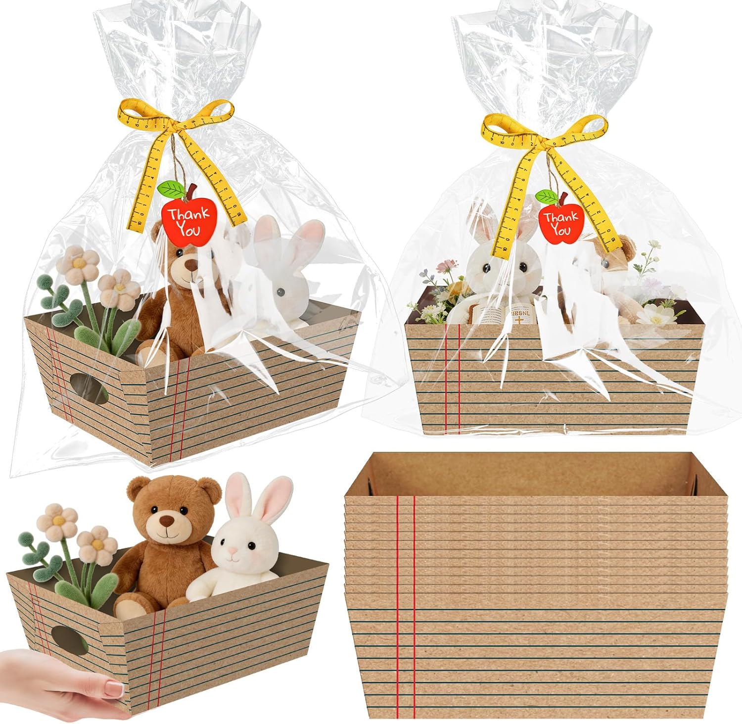Cinrobiye 12 Pcs Teacher Appreciation Basket for Gifts Bulk DIY Empty to Fill Kit Include Wrap Bags Notebook Line for End of Year Teacher Gifts Back to School Graduation Retirement Favors (Brown)