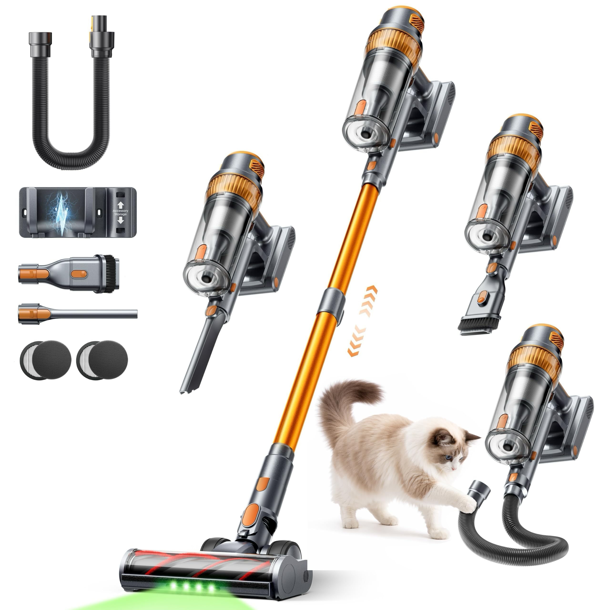 55KPA/650W Aspiradora sin Cable Potente, 70Min(ECO) Aspirador Escoba Vertical con Modo Automático, Cepillo Anti-Enredo, Manguera de 1M y Luz LED, Ideal para Pelo de Mascotas, Alfombras y Coche