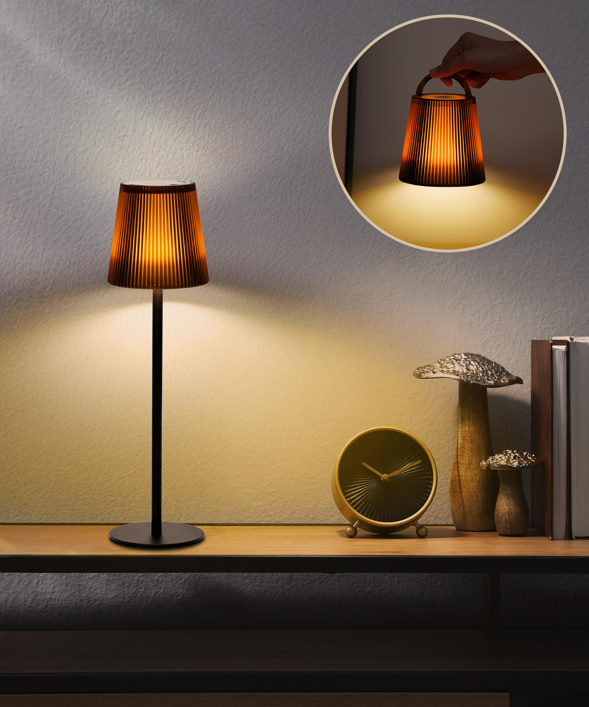 Faithorse Tischlampe Kabellos Aufladbar, Dimmbare LED Akku Tischleuchte IP54 wasserdichte Schreibtischlampe Touch Lampe mit 3 Farbmodi Wiederaufladbares Lampe Nachtlicht für Schlafzimmer (Braun)