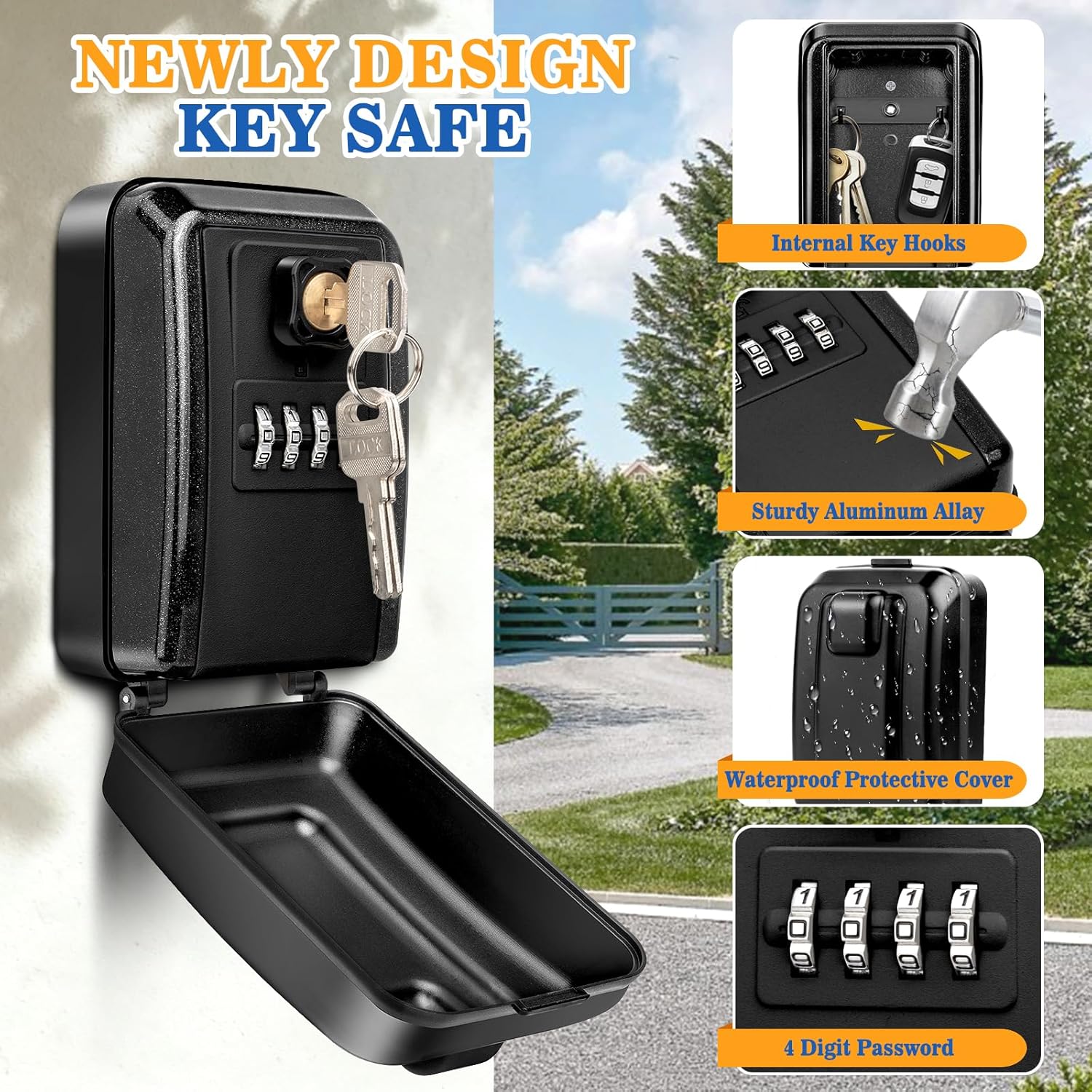 Wall Mount Key Lock Box, Waterproof Lock Box for Keys with Code -Resettable Code Large Capacity Safe Security Outdoor LockBox with 3 Spare Keys for Home Garage Office