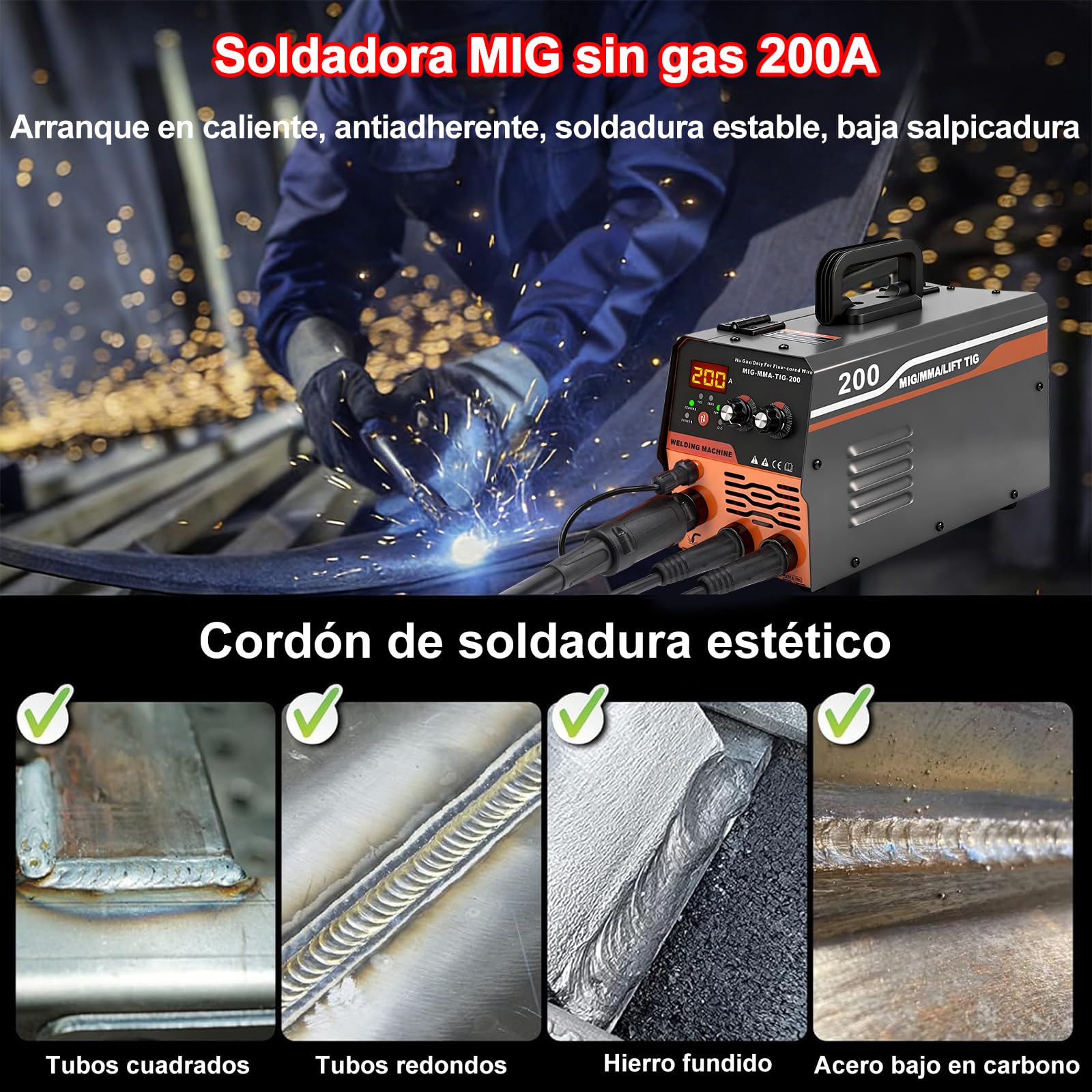 Máquina de Soldadura MIG, 20-200 A Máquina de Soldar con Alambre Tubular sin Gas, Soldador Inverter MIG/MMA/LIFT TIG 3 en 1 Portátil con IGBT Inversor, Pistola de Soldar, Pantalla LED, Alambre de 1mm