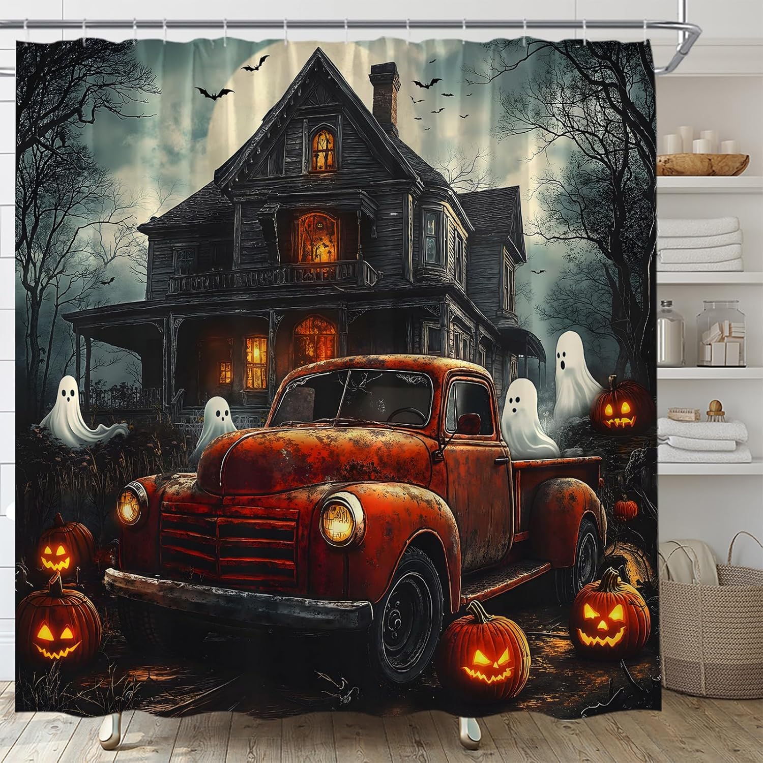 Halloween Red Truck Shower Curtain Gothic Retro Castle Scary Haunted House Ghost Pumpkin Scary Spooky Horror Dead Tree Bat Fabric Bathroom Curtain Decor Bath Set with Hooks(70" Wx84 H)