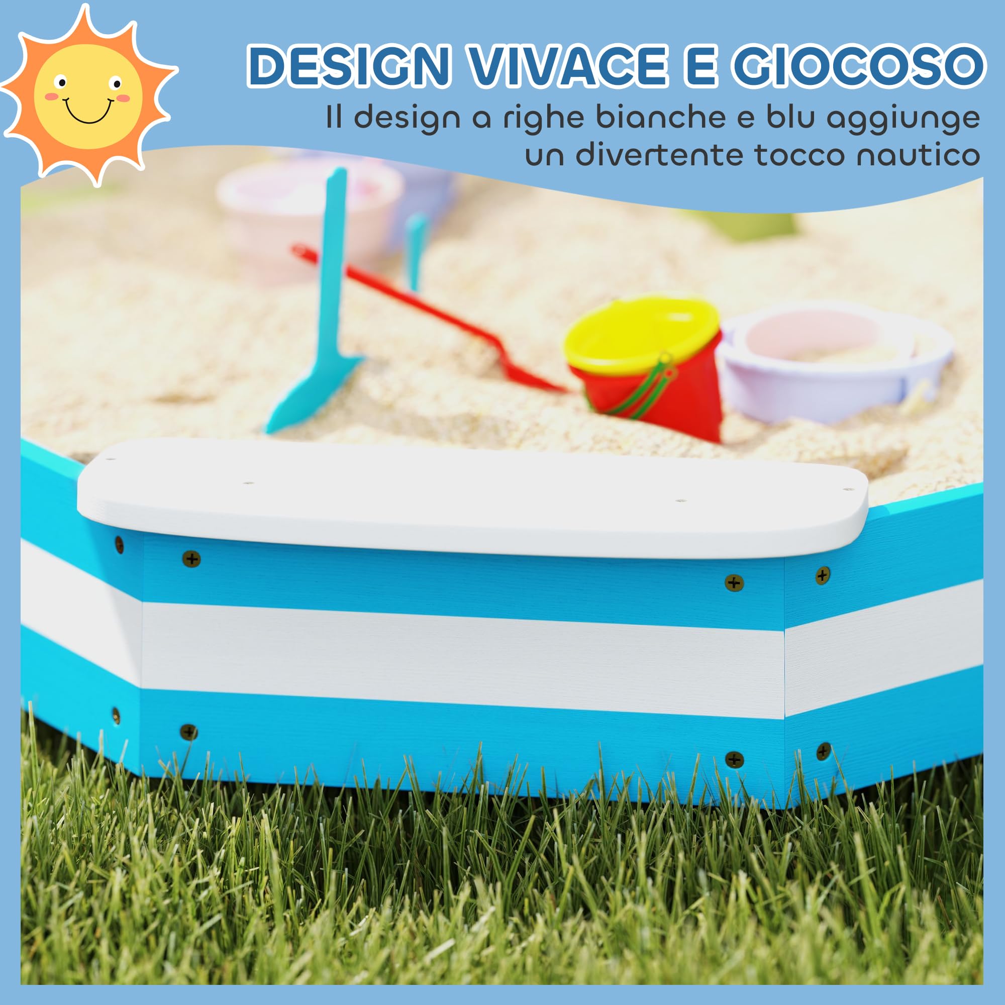 AIYAPLAY Sabbiera per Bambini con 4 Sedute Angolari, Sabbionaia in Legno con Fondo Aperto, Età 3-6 Anni, 133x133x16 cm, Blu e Bianco