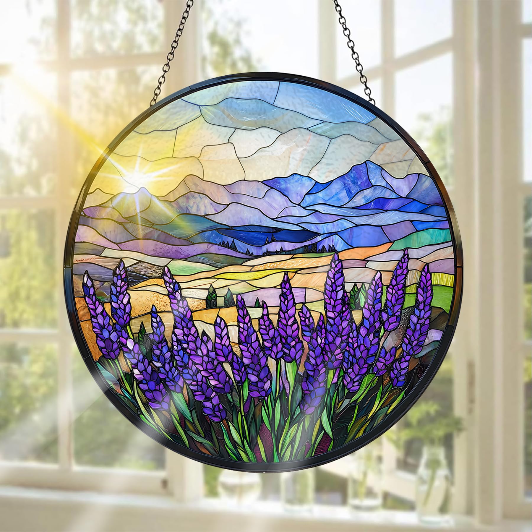 Pavemlo Lavender Suncatcher Indoor Stained Glass Window Hanging - Outdoor Window Hanging Decoration - Sun Catcher Home Decor Mother's Day Birthday Gifts for Women, Men Mom 20x20 cm