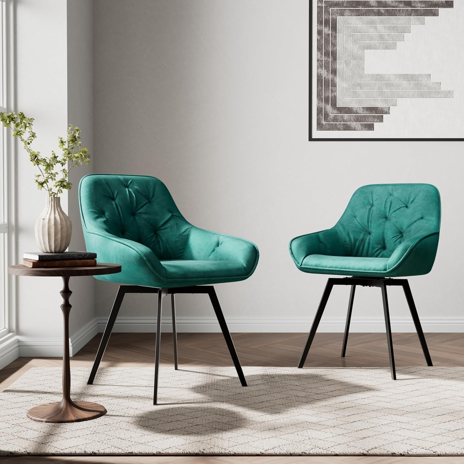 GOLDFAN Dining Chairs Set of 2pcs Green Velvet Kitchen Chairs Diamond