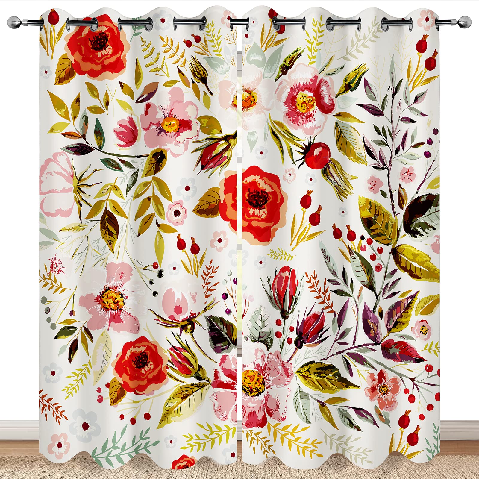 HAOHE Flower Floral Blackout Curtains for Home Bedroom Living Room Decor Grommet Window Drapes 2 Panel Set, 42"x63"