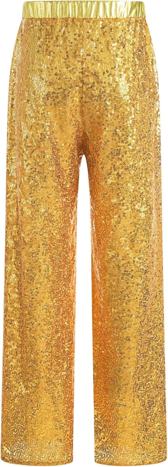 Hedmy Kids Girls Sparkle Sequins Jazz Dance Trousers High Waist Wide Leg Flare Pants Dancewear for Hip Hop