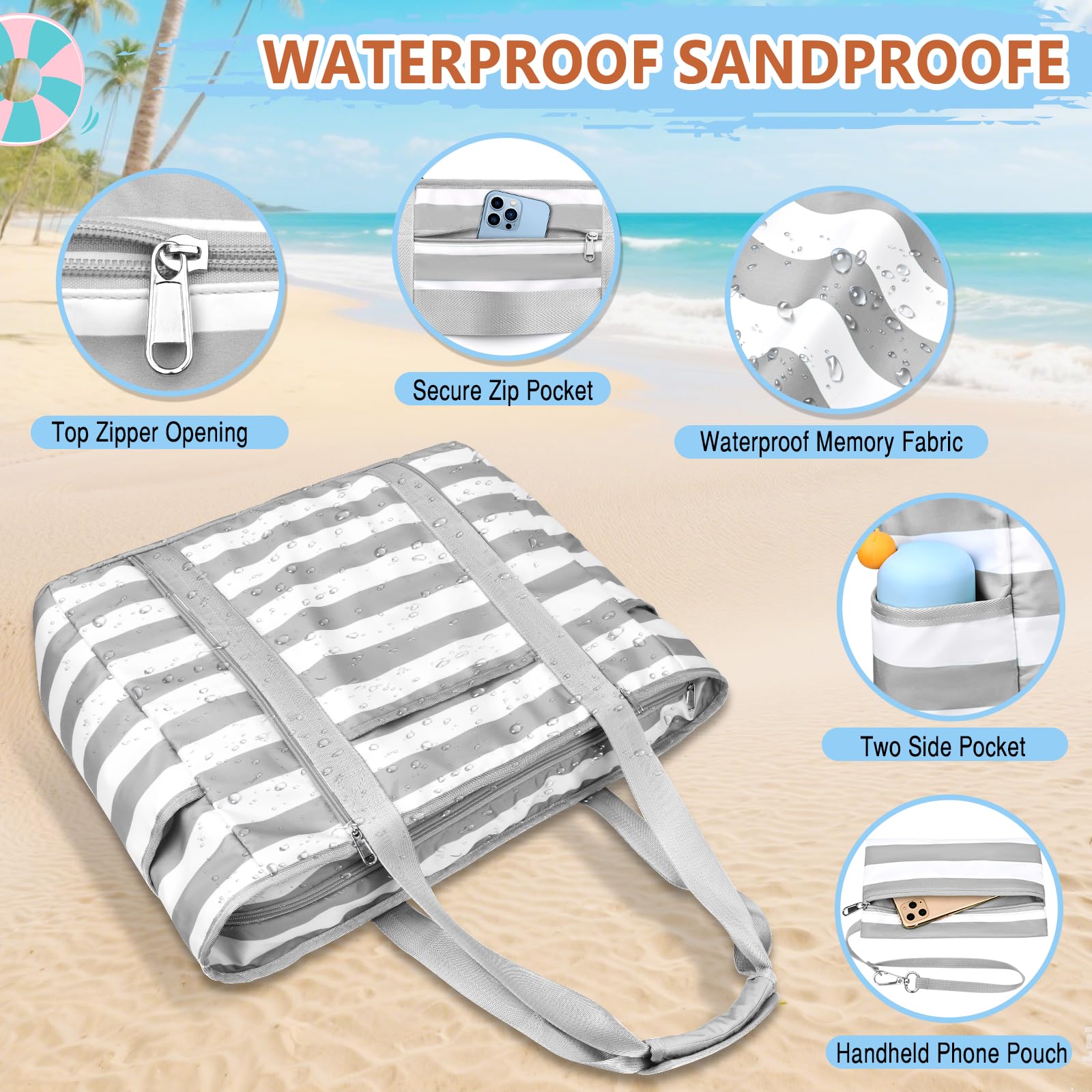 Borsa Mare Donna Grande, Borsa Spiaggia XXL Famiglia 45L Impermeabile Borse Mare con Cerniera Pieghevole Leggera Borse Beach Tote Bag per Spiaggia,Viaggio,Vacanza
