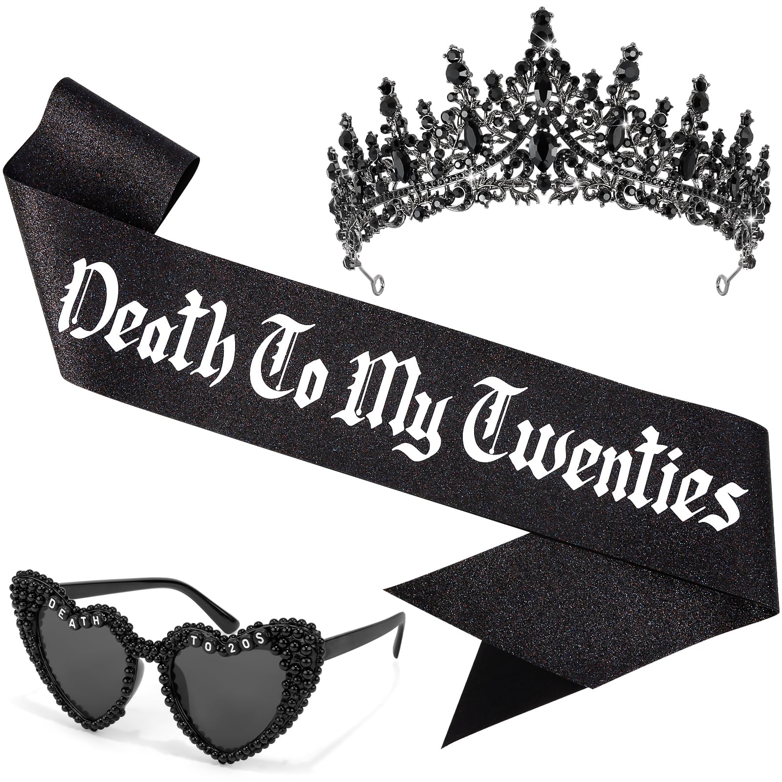 KICOSY 3PCS Death to My 20s Set - Black Rhinestone Crown Heart-Shaped Sunglasses Glitter Sash - Funeral for