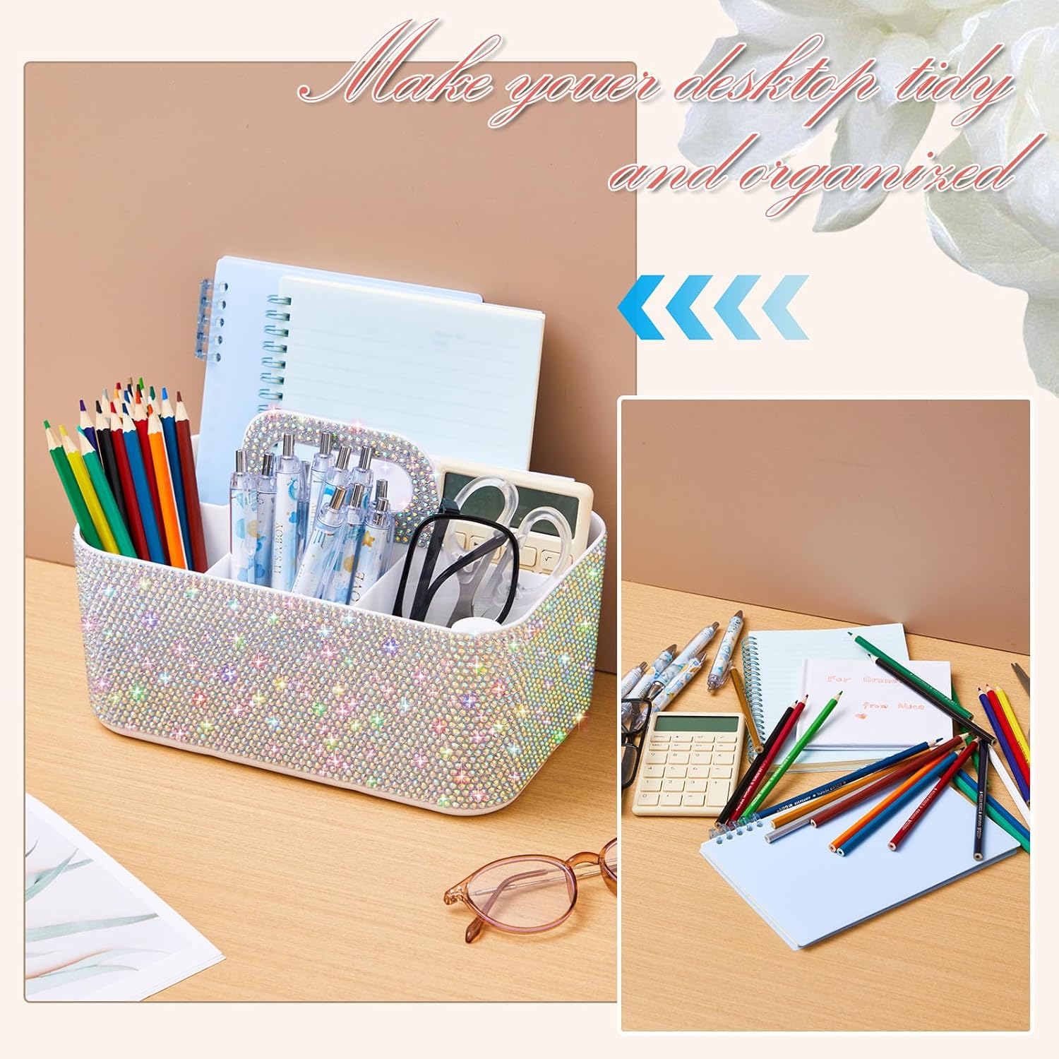 Marspark Bling Makeup Caddy Organizer with Handle, Sparkly Art Craft Holder, Glitter Bathroom Hair Caddy, Shimmer Pen Pencil Holder for Women Desk Organizer, Bling Gifts for Women(White,AB Diamond)