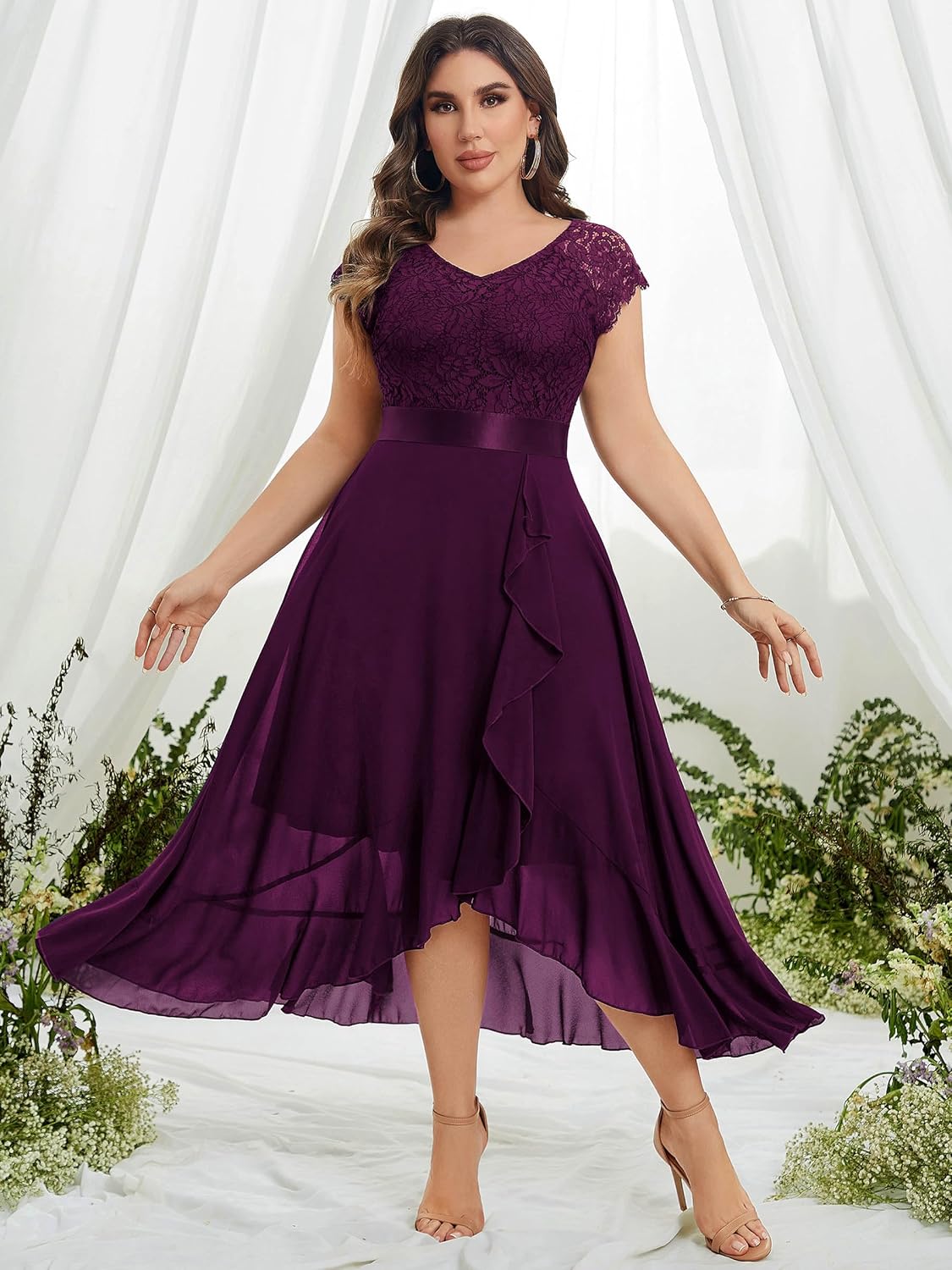 Miusol Women's Plus Size V Neck Floral Lace Ruffle Asymmetrical Hemline Elegant Bridesmaid Maxi Dress - Image 4