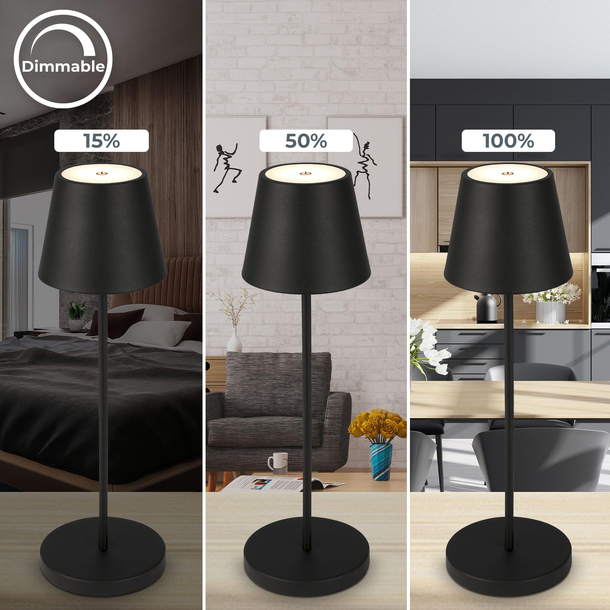B.K.Licht - Lámpara de Mesa regulable Inalámbrica para Interior y Exterior, Recargable Lámpara de Mesita de Noche LED, Control Tactil, Luz cálida, Decoración de Balcón, Camping, Jardín, Negro, 38 cm