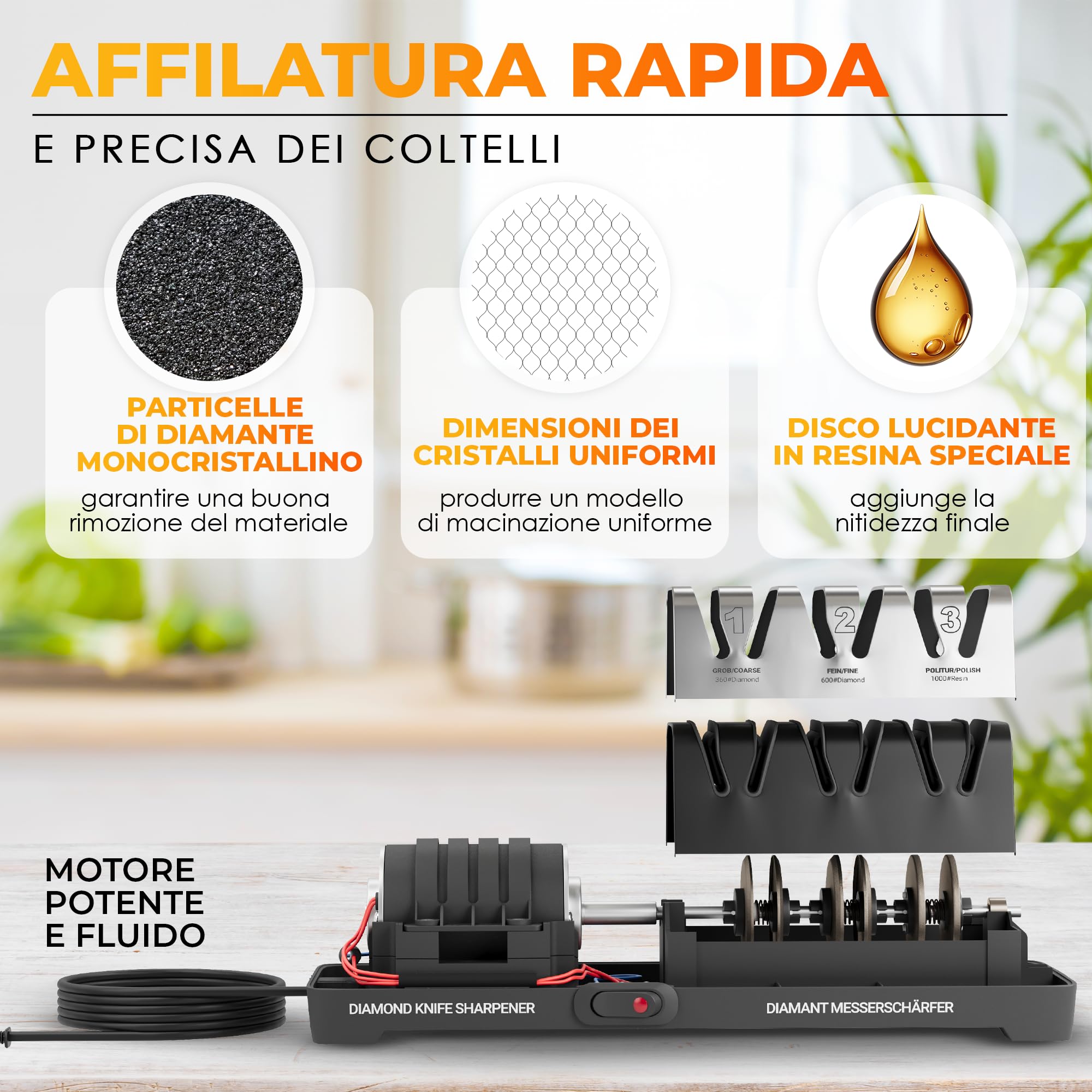 AUSTEIN Affilacoltelli elettrico Professionale al diamante TG2202 - con 3 Fasi Versatili, Mole diamantate Monocristalline, Affilatura Rapida, Motore Ultra Silenzioso, Protezione dal Surriscaldamento