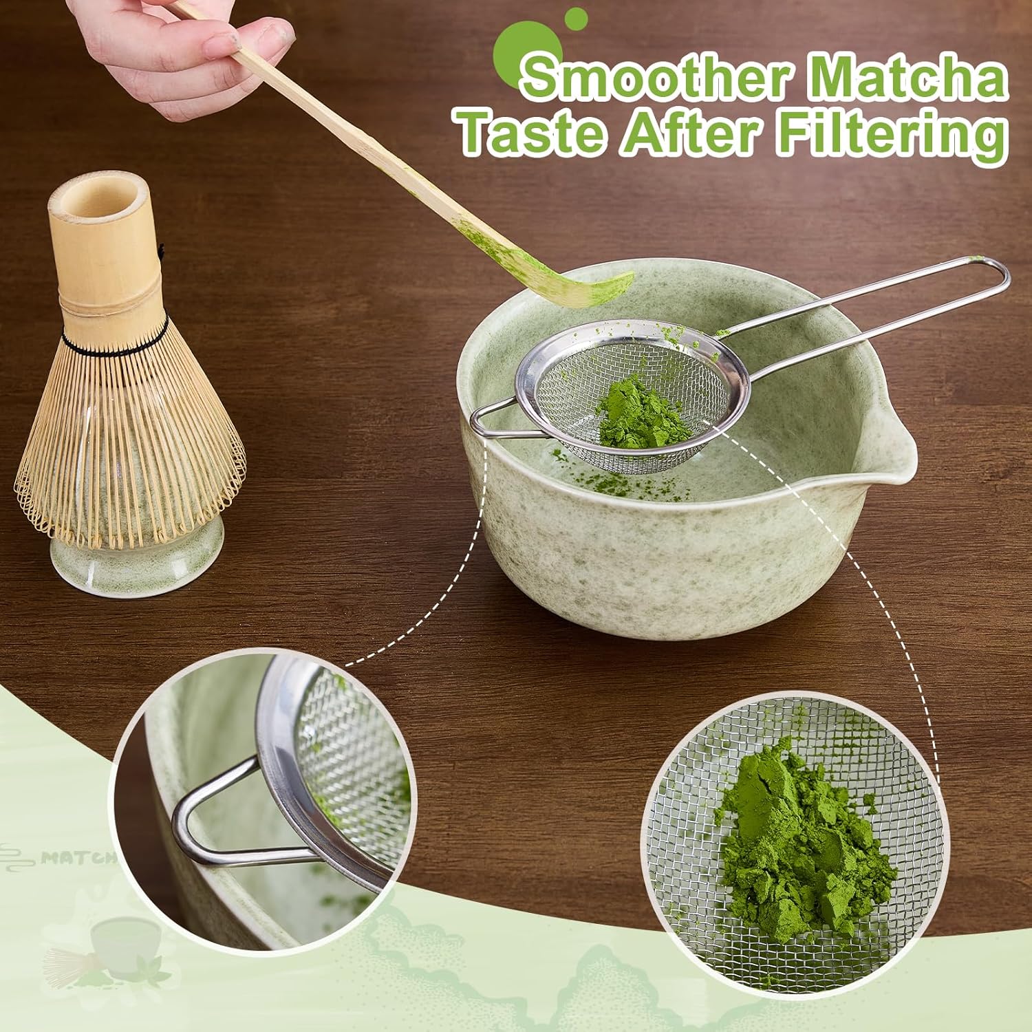 7Pcs Matcha Whisk Set - Matcha Bowl with Spout, Bamboo Whisk (Chasen), Holder, Stainless Sifter, Tea Scoop, Tea Towel, Scoop Rest. Full Japanese Ceremony Matcha Kit, Ideal Gift for Tea Fans (Green)