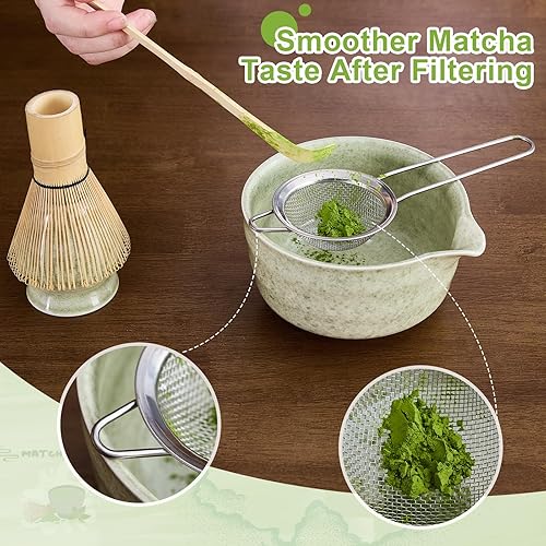 Miniatura 4 de Juego de 5 batidores de matcha, cuenco de matcha con boquilla, batidor de bambú 100% (Chasen), soporte, tamiz inoxidable, cuchara de té, kit de