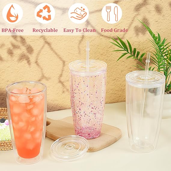 24 Oz Acrylic Snowglobe Tumbler, 4 Pack Pre-Drilled Double Wall Plastic Skinny Snowglobe Cup for Glitter Snow Globe DIY