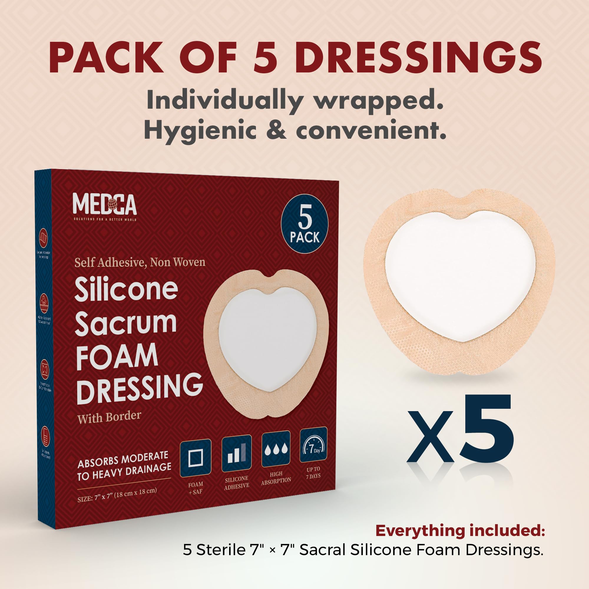 MEDca Medicazione in schiuma di silicone sacro con bordo adesivo, 17,8 x 17,8 cm, confezione da 5, bende in silicone impermeabile per ferite, medicazione altamente assorbente per ferite da letto in