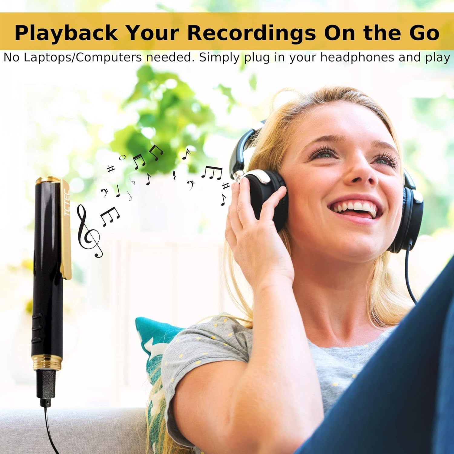 Person listening to recordings using the TCTEC Digital Voice Recorder with headphones