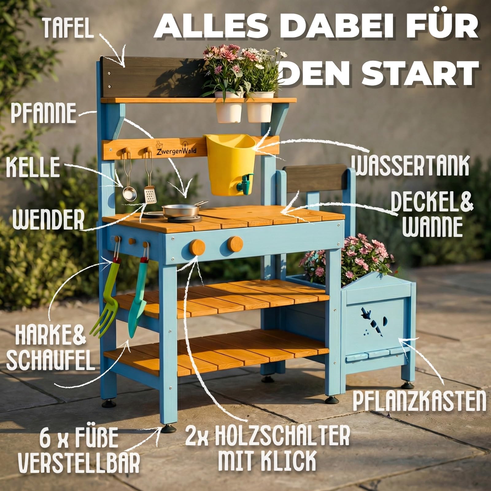 Matschküche Kinder Outdoor mit Wassertank & Spülbecken, mit Pflanzkasten, Mud Kitchen Holz, Spielküche Outdoor Höhenverstellbar, Matschtisch Kinder, Kinderküche Holz Wetterfest