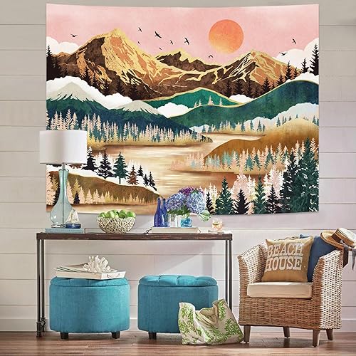 Miniatura 5 de Neasow Tapiz de montaña, bosque natural, árbol, lago, paisaje, tapices, puesta de sol, decoración de pared naranja y verde para el hogar,