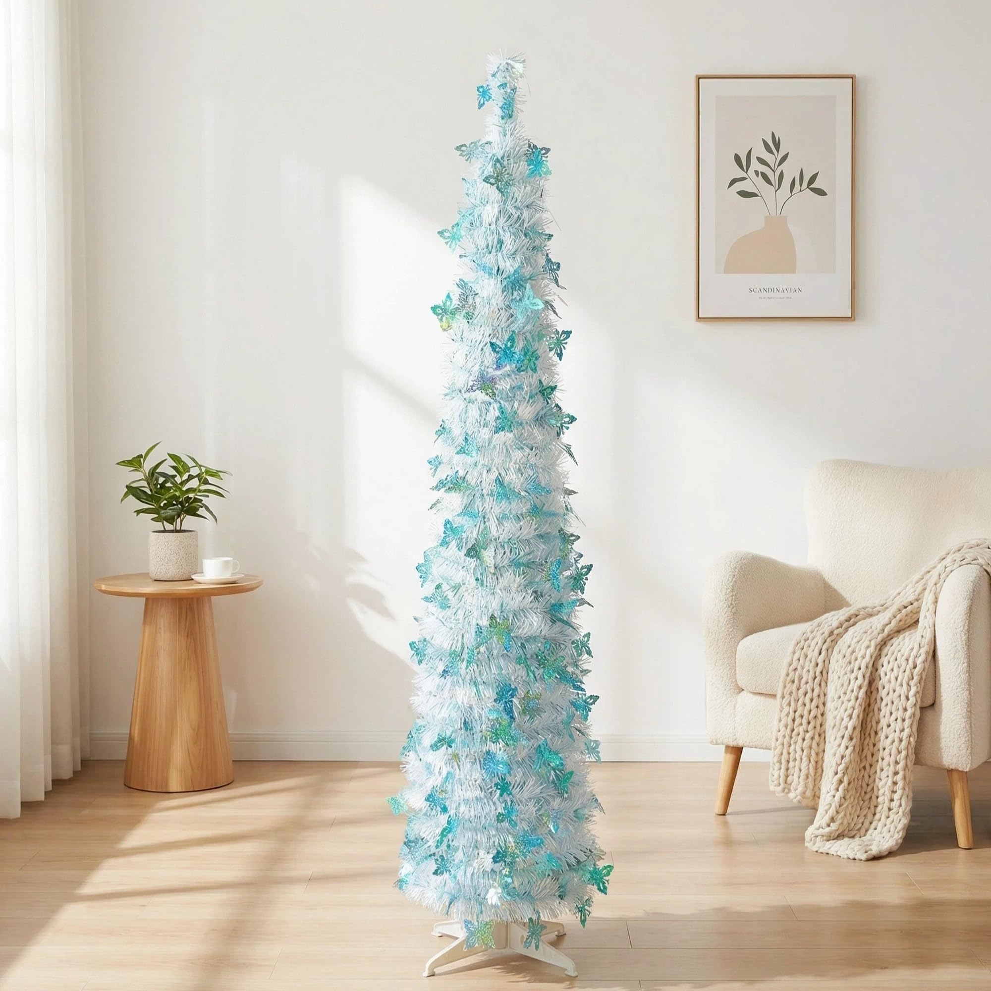 Cute 5FT Spring Tree with Sparkling Chick Accents Multi-Colour Pastel Tinsel & FREE 5M Fairy Lights Easy Assemble Floor Standing Decoration for Easter Fun & Parties (Blue-White)