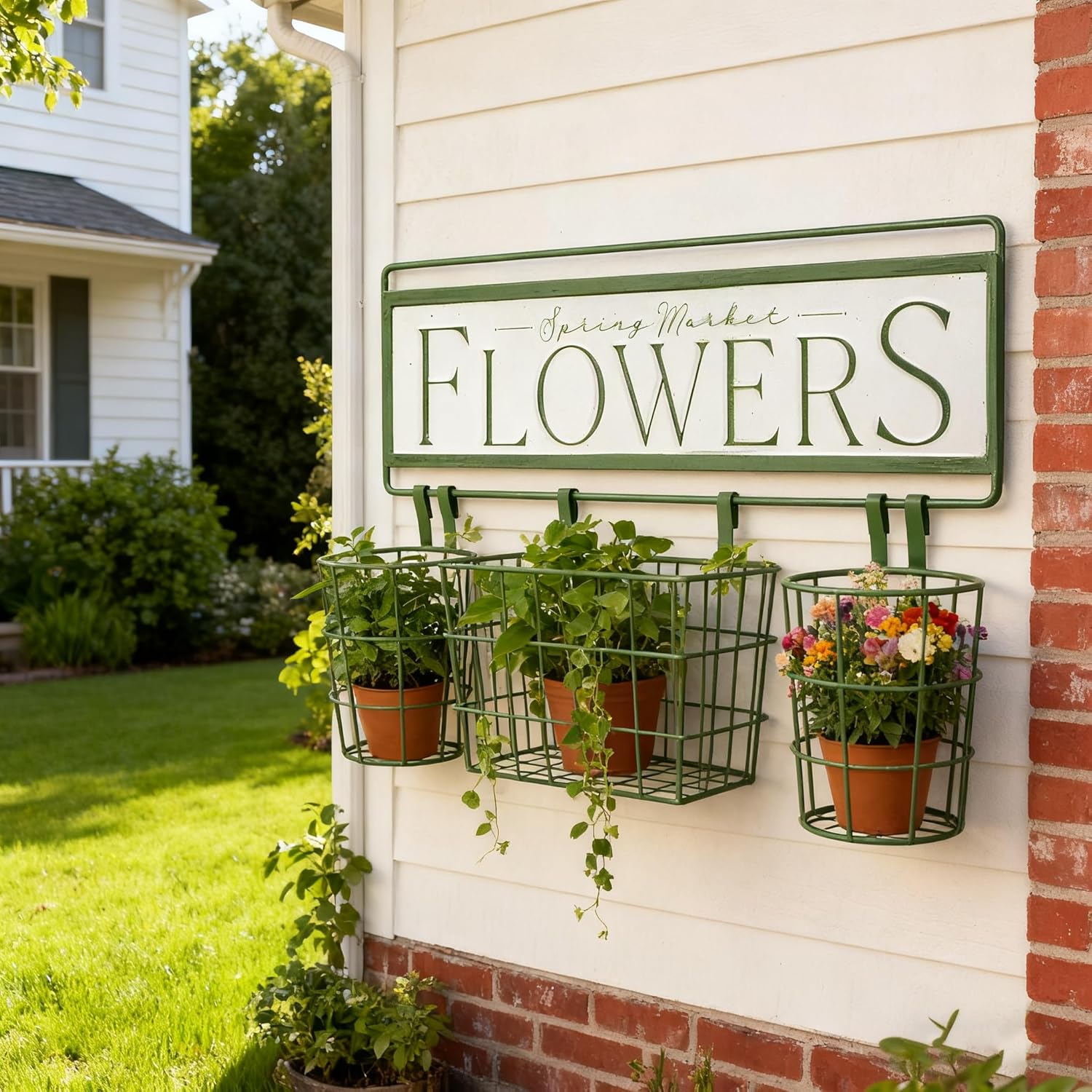 Rustic Spring Market Flowers Wall Planter Set, Farmhouse Metal Hanging Planter with 3 Baskets, Decorative Indoor Outdoor Plant Holder for Succulents, Herbs (Flowers)
