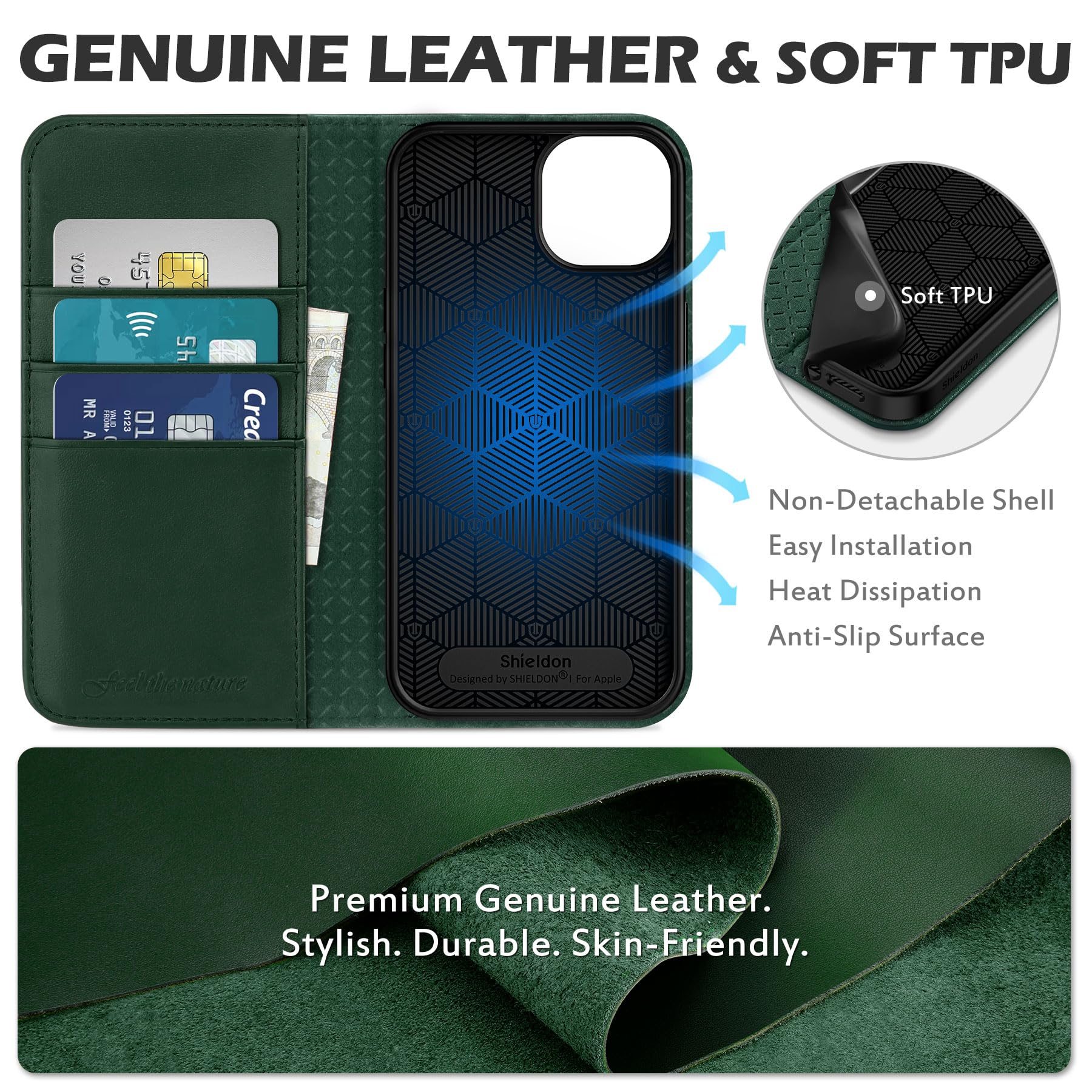 SHIELDON Etui Portfel do iPhone 13 6,1", Zielony | Prawdziwej Skóry, Etui na Karty, Blokada RFID, Podpórka, Zapięcie Magnetyczne, Etui z Klapką Odporną na Wstrząsy