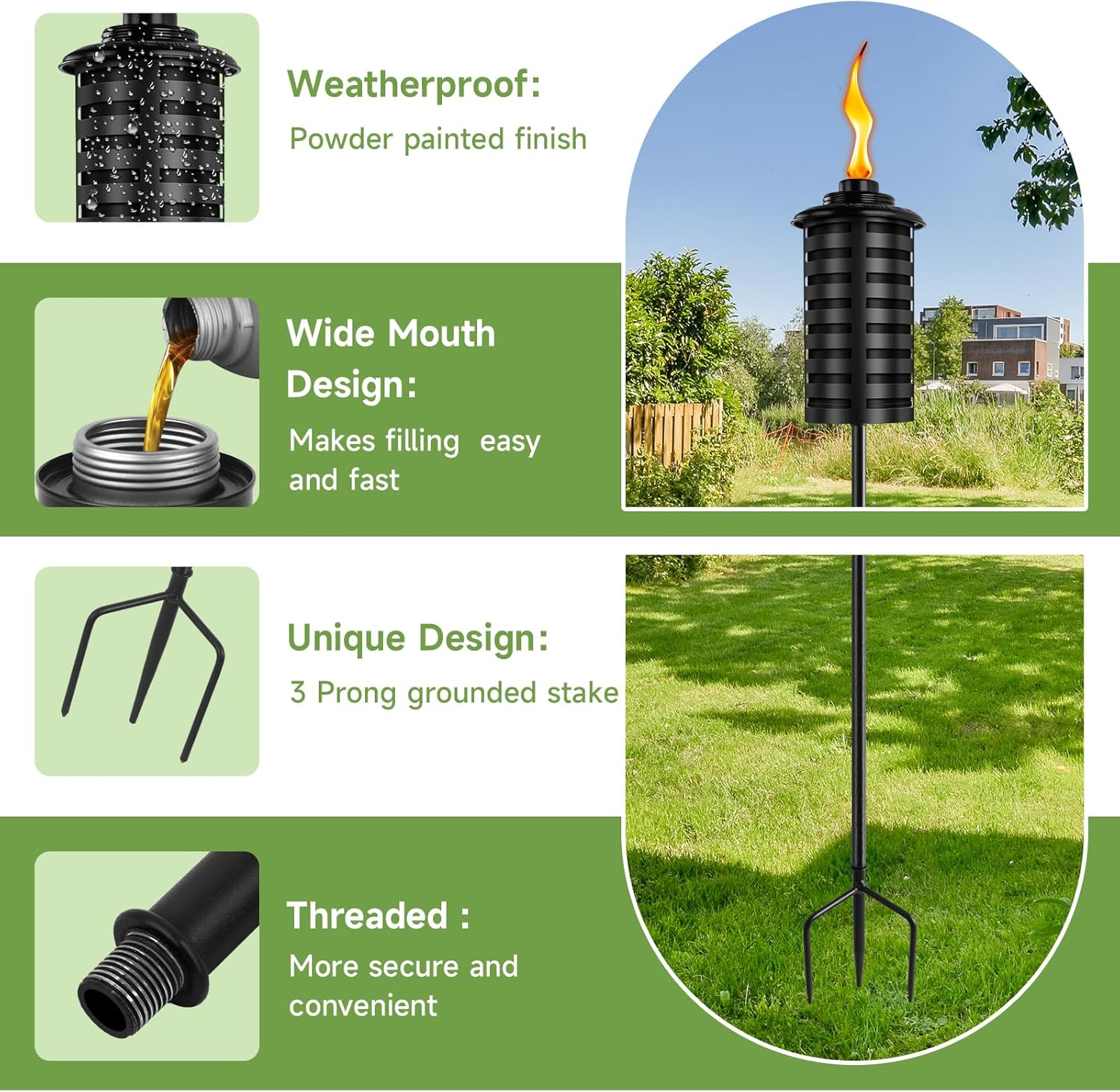 ZSZMFH 4 Pcs Metal Torch for Outside, 16oz Outdoor Metal Torch Garden Décor,59-Inch Upgraded Citronella Torches with 3-Prong Grounded Stake, Table Top Torches for Party Patio Pathway