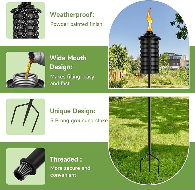ZSZMFH ZSZMFH 6 Pcs Metal Torch for Outside, 16 oz Outdoor Metal Torch Garden Décor,59-Inch Upgraded Citronella Torches with 3-Prong Grounded Stake, Table Top Torches for Party Patio Pathway photo 3