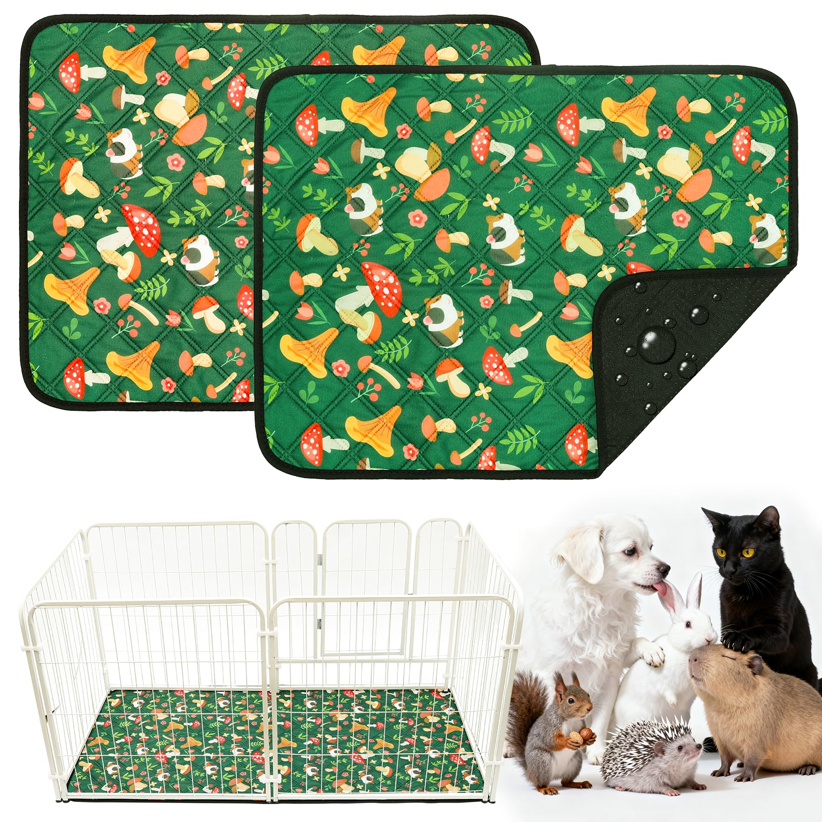 HOZKUY 2-Pack Guinea Pig Cage Liners & Bedding - Fast-Absorbing, Washable & Reusable, Leakproof Pee Pads and Mat with Odor Control & Non-Slip Bottom for Rabbits, Hamsters & All Small Animals (18"x24")