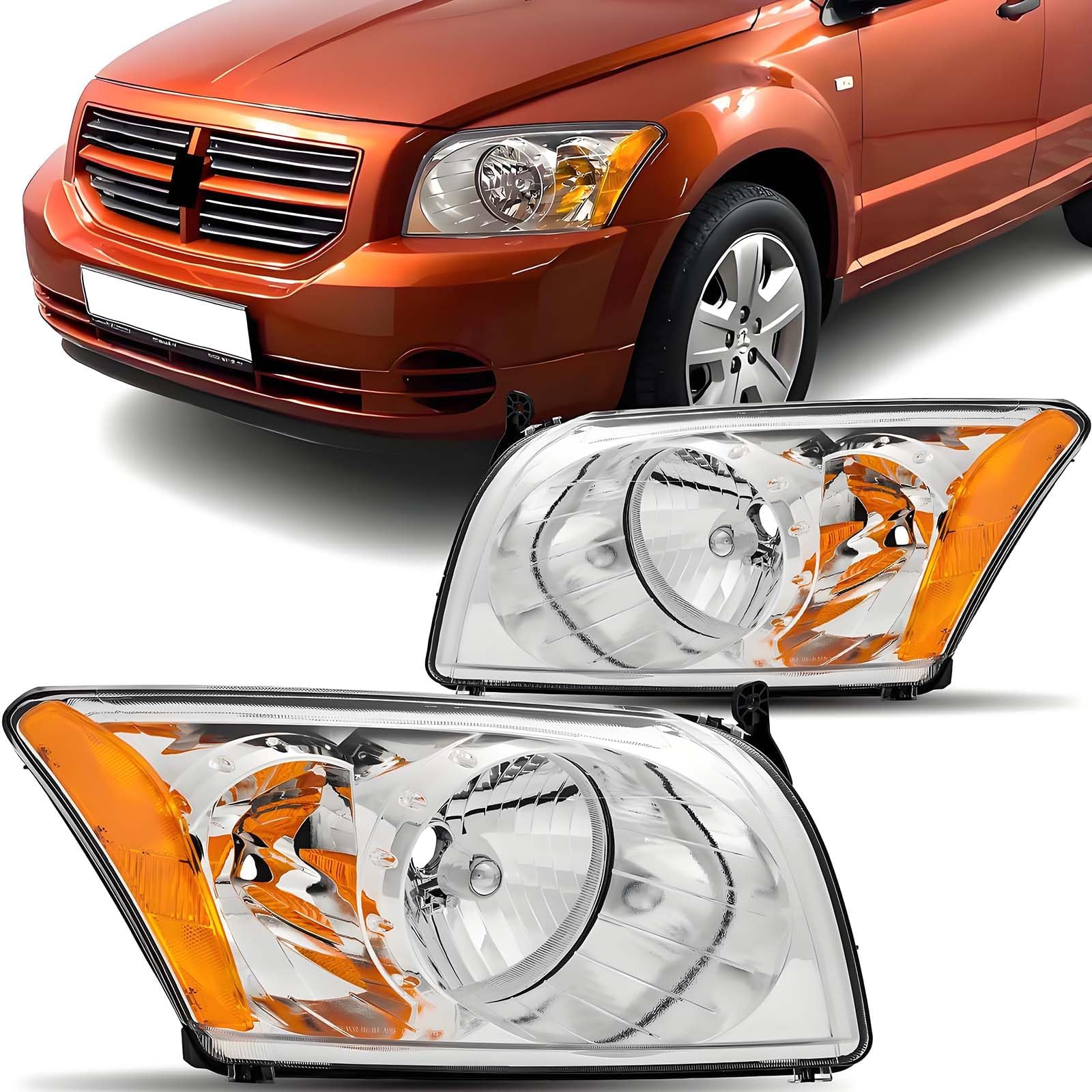 Headlights Assembly Compatible with 2007-2012 Dodge Caliber R/T SXT SE Halogen Type Head Lamp Driver & Passenger Side, Chrome Housing Amber