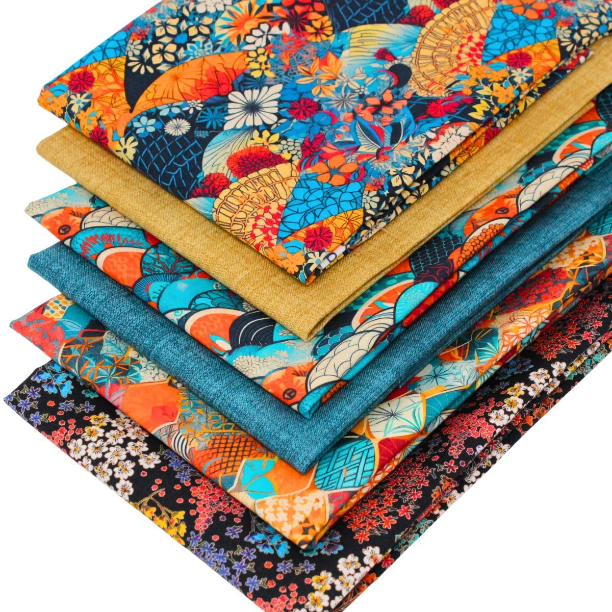 6 Fat Quarters Bundle – “Okinawa” Beautifully Coordinated Fabrics Inspired by Japanese Design in Orange & Blue. 100% Cotton for Quilting & Crafting (Free Patchwork Pattern by Overdale Fabrics)