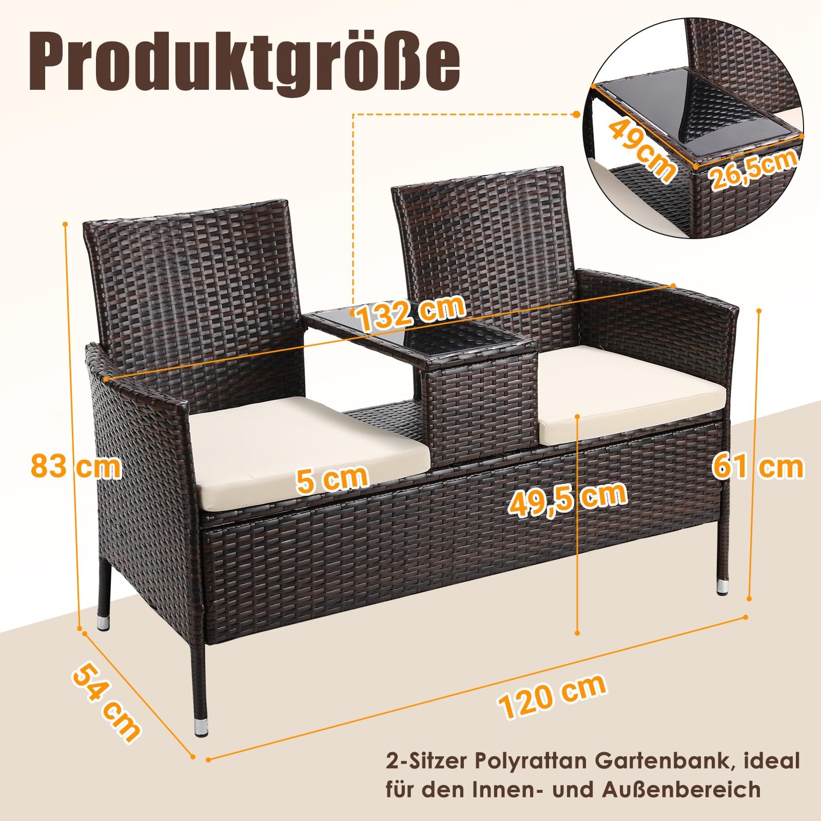 TLSUNNY Wetterfest Polyrattan Gartenbank, 2-Sitzer Gartenmöbel Set mit Integriertem Tisch, 2PCS Sitzkissen, Rattan Balkonmöbel, Bequem und Atmungsaktiv, 120X54X83cm, Groß Balkonmöbel Set, Braun