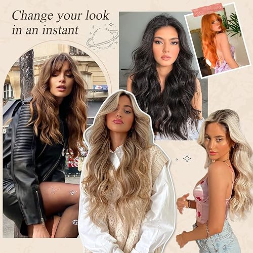 Miniatura 4 de Nnzes Extensiones de cabello largo ondulado con clip, 4 piezas, grueso, rubio decolorado, mezcla de rubio claro, extensiones de cabello sintético de