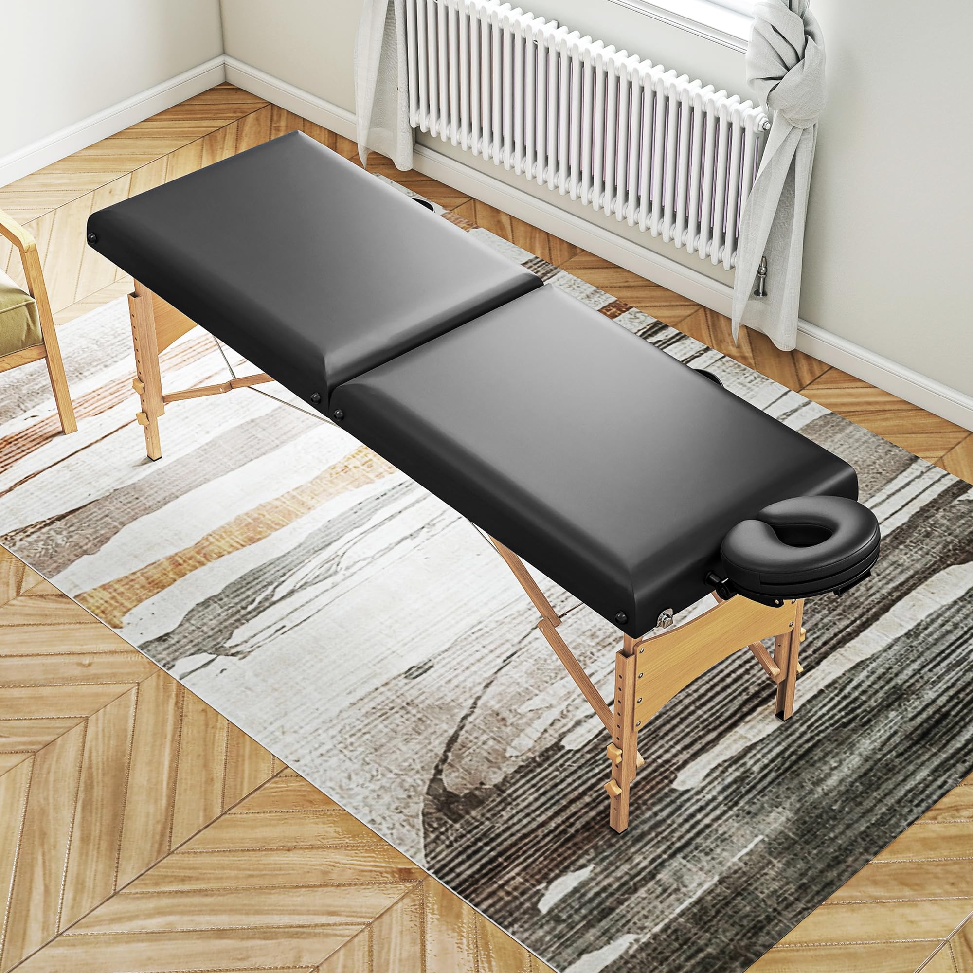 HOMCOM Mobile Massageliege 2 Zonen Klappbar Massagetisch Höhenverstellbar Massagebank 70 cm Breit mit Kopfstütze, Holzfüßen Massagebett Kosmetikliege Schwarz