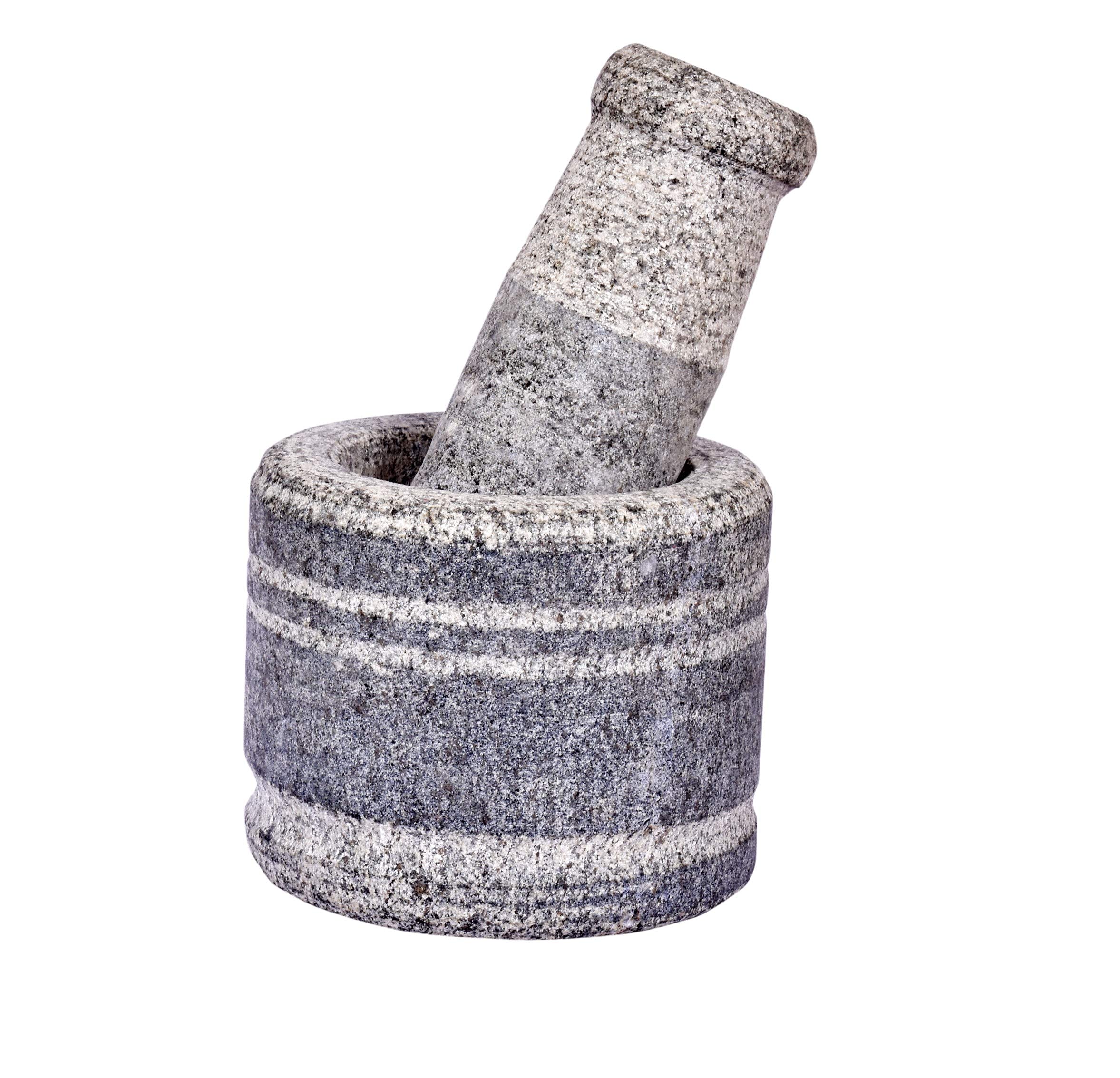 EZAHK Mortar and Pestle Set (10 cm), Okhli Masher, Khalbatta, Kharal, Mixer, Natural & Traditional Grinder, Musal, Design for Kitchen, Home, Herbs and Spices Large Size (Grey)