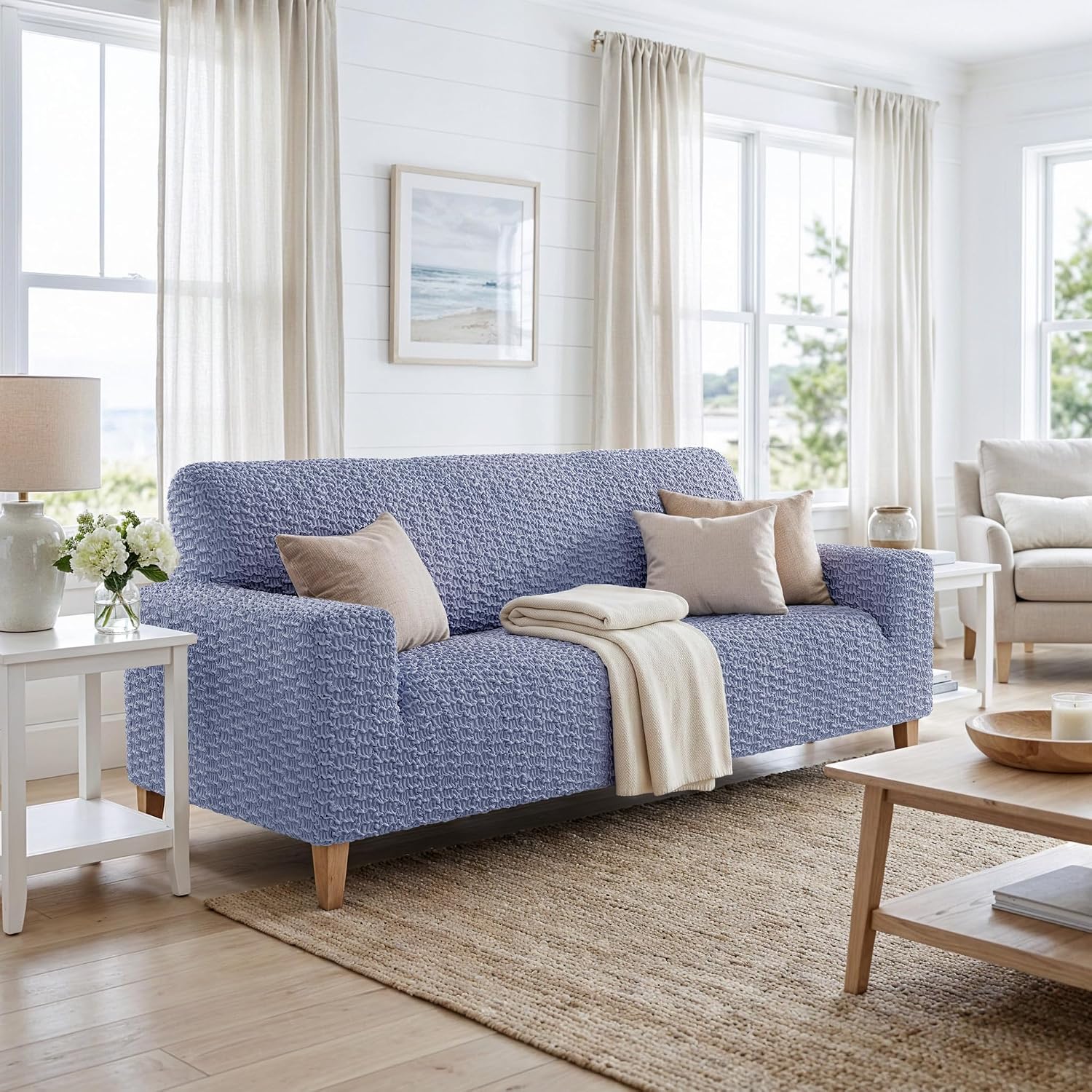 PAULTO BY GA.I.CO. Stretch Sofa Slipcovers – Soft Elastic Fabric Couch Cover for Armchair Loveseat 3-Seater & 4-Seater Sofa Cover – Non-Slip Furniture Protector Washable - Blue (64"-85" Wide)