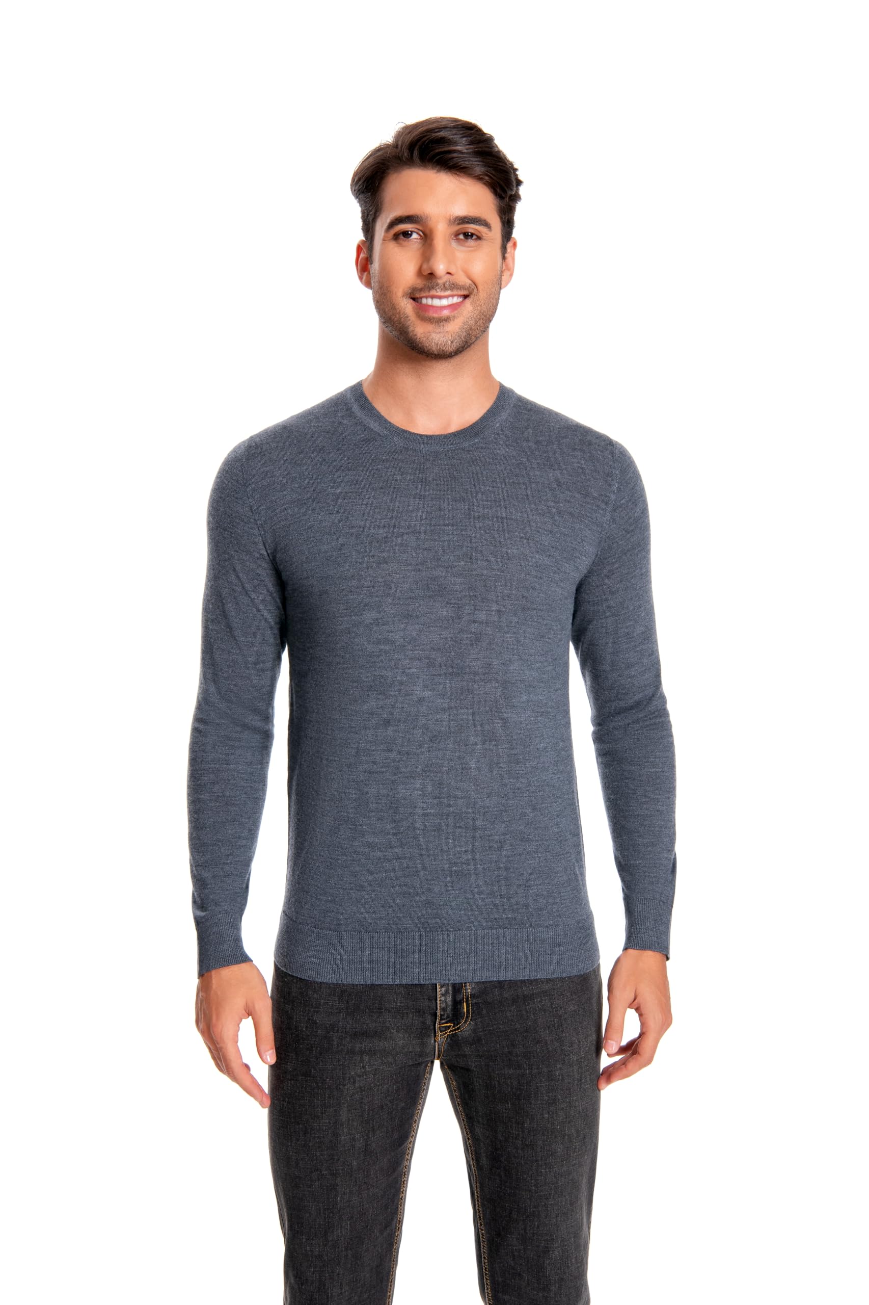 WOSICA Men's 100% Extrafine Merino Wool Long Sleeve Crew Neck Jumper (Lt Grey L)