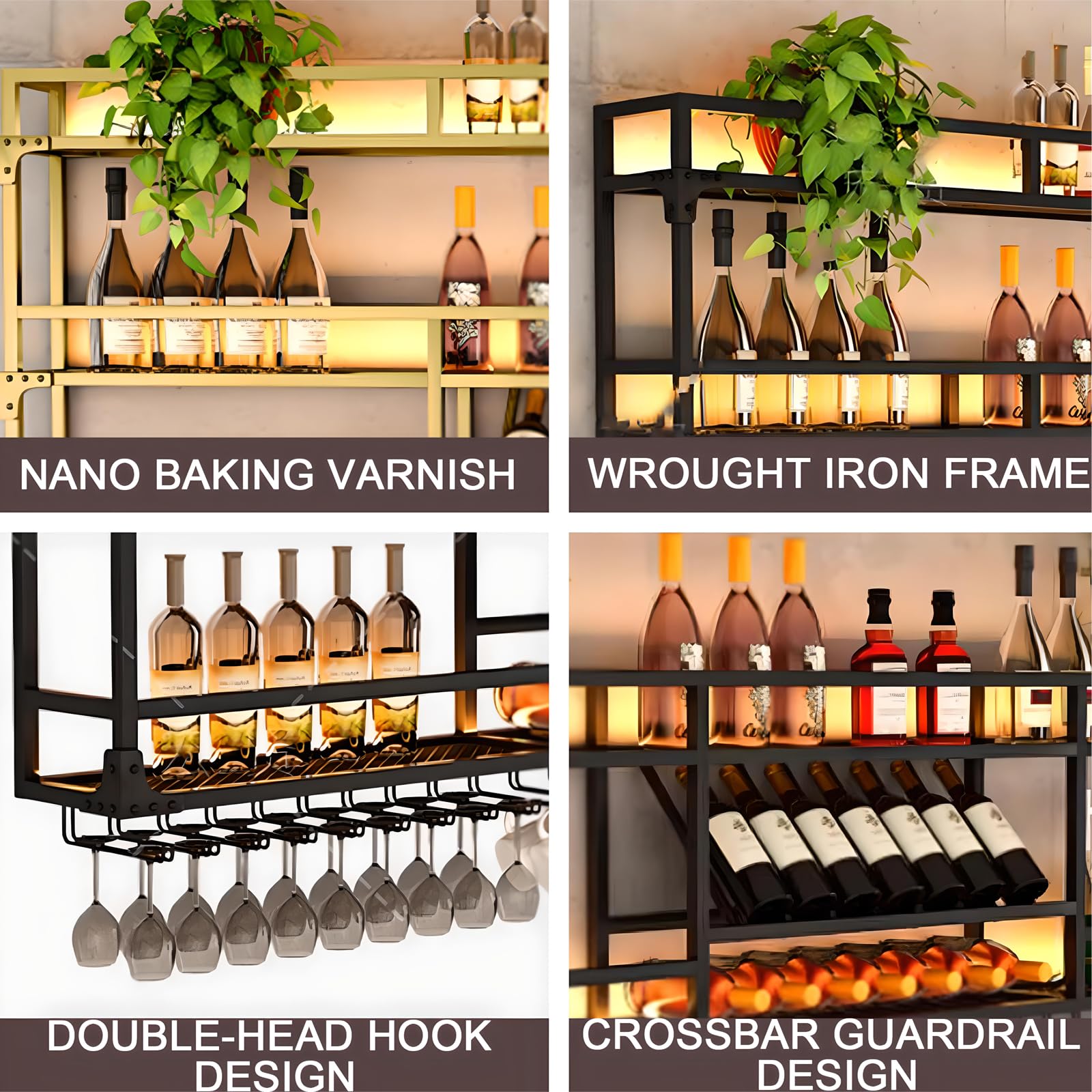 39.3in Wall Mounted Wine Rack with LED Lights, 3-Tier Heavy Duty Metal Wine Bottle Display Shelf w/Hanging Rack, Wall-Mounted Wine Storage Organizer for Home/Bar/Cafe (B-BLACK, 39.3 * 10 * 35.5IN)
