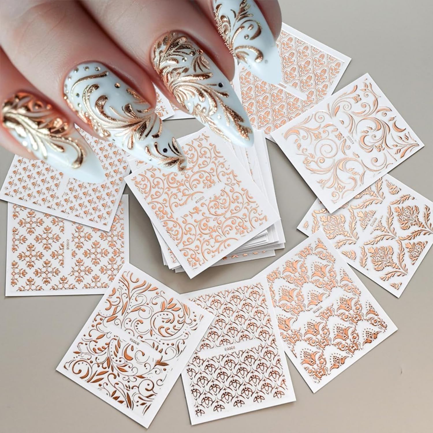 30 Sheets Lace Lines Nail Stickers Rose Gold 3D Self-Adhesive Nail Art Stickers Lace Hollow Nail Decals Retro Floral Vine Design Gold Line Nail Supplies for Women Girls Manicure Decoration image 3