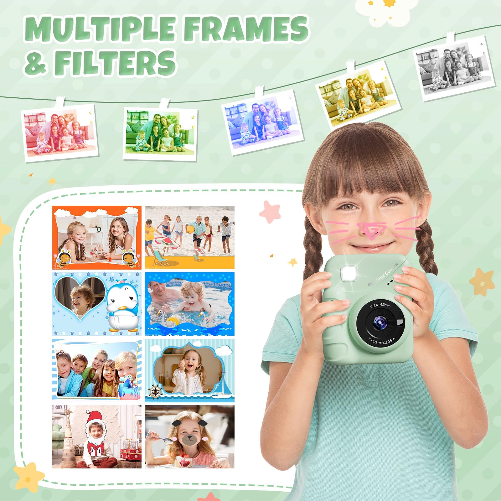 CalineGam Macchina Fotografica Bambini Istantanea, 3,0'' Schermo HD 48MP Fotocamera Digitale Bambini con Scheda da 32GB, Camera Giocattolo Regalo per Ragazzi e Ragazze dai 3 ai 12 Anni (Verde)