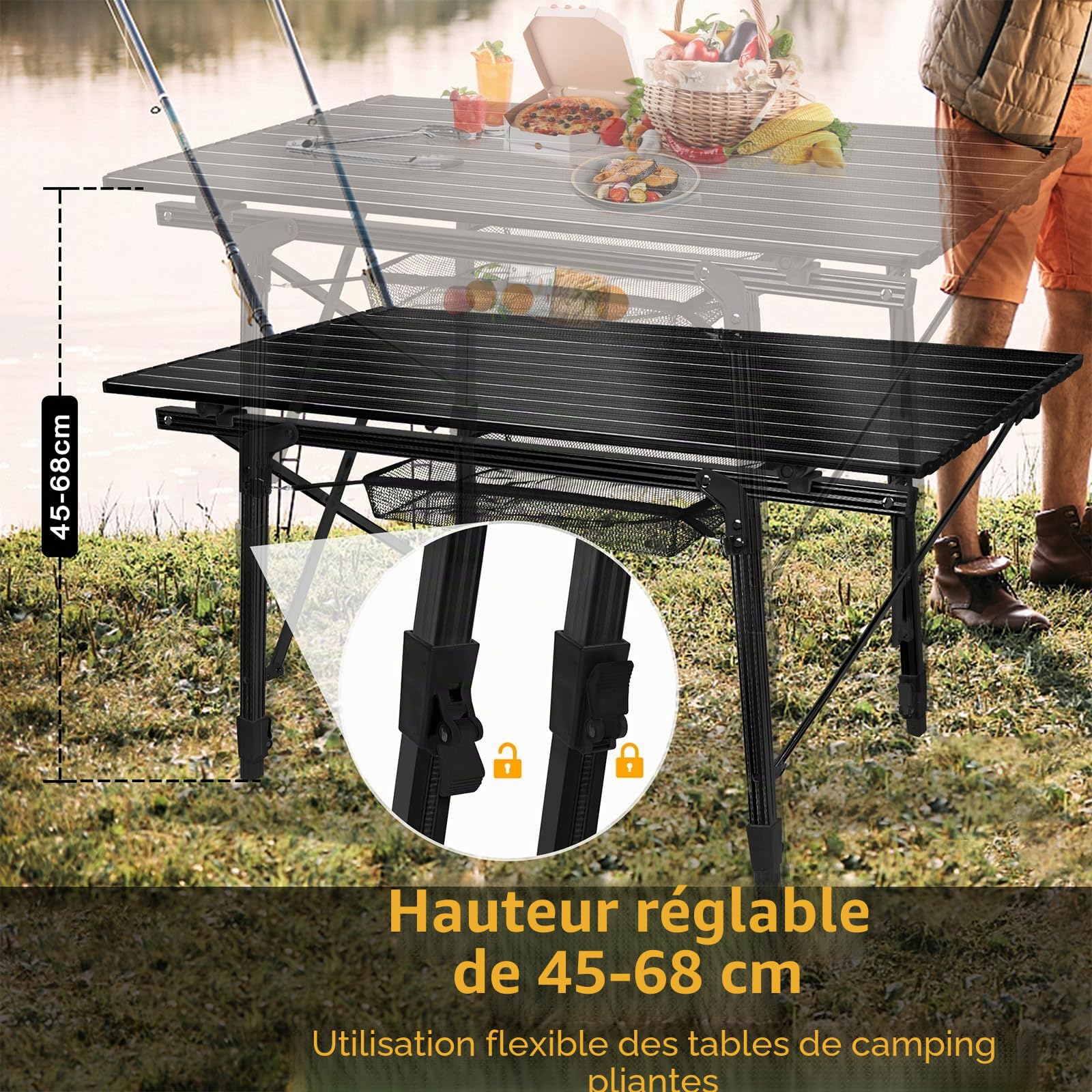 YRHome Table de Camping Pliable et Réglable en Hauteur - 90 x 53 cm en Aluminium - Pour Jardin et Extérieur (Noir)